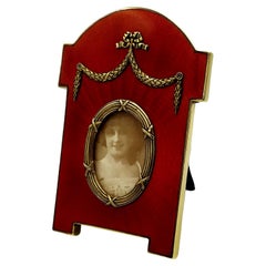 Retro Photo Frame Red Enamel Guillochè and Hand Engravings Sterling Silver Salimbeni