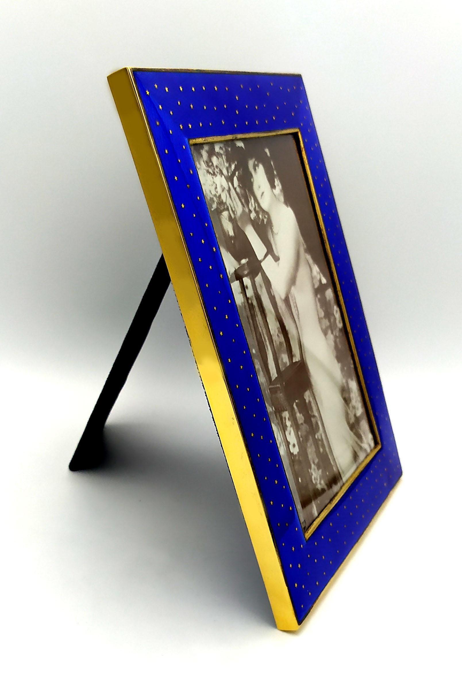 Italian Guilloche Frame Blu Enamel Gold Paillons Stars of Sky Salimbeni For Sale