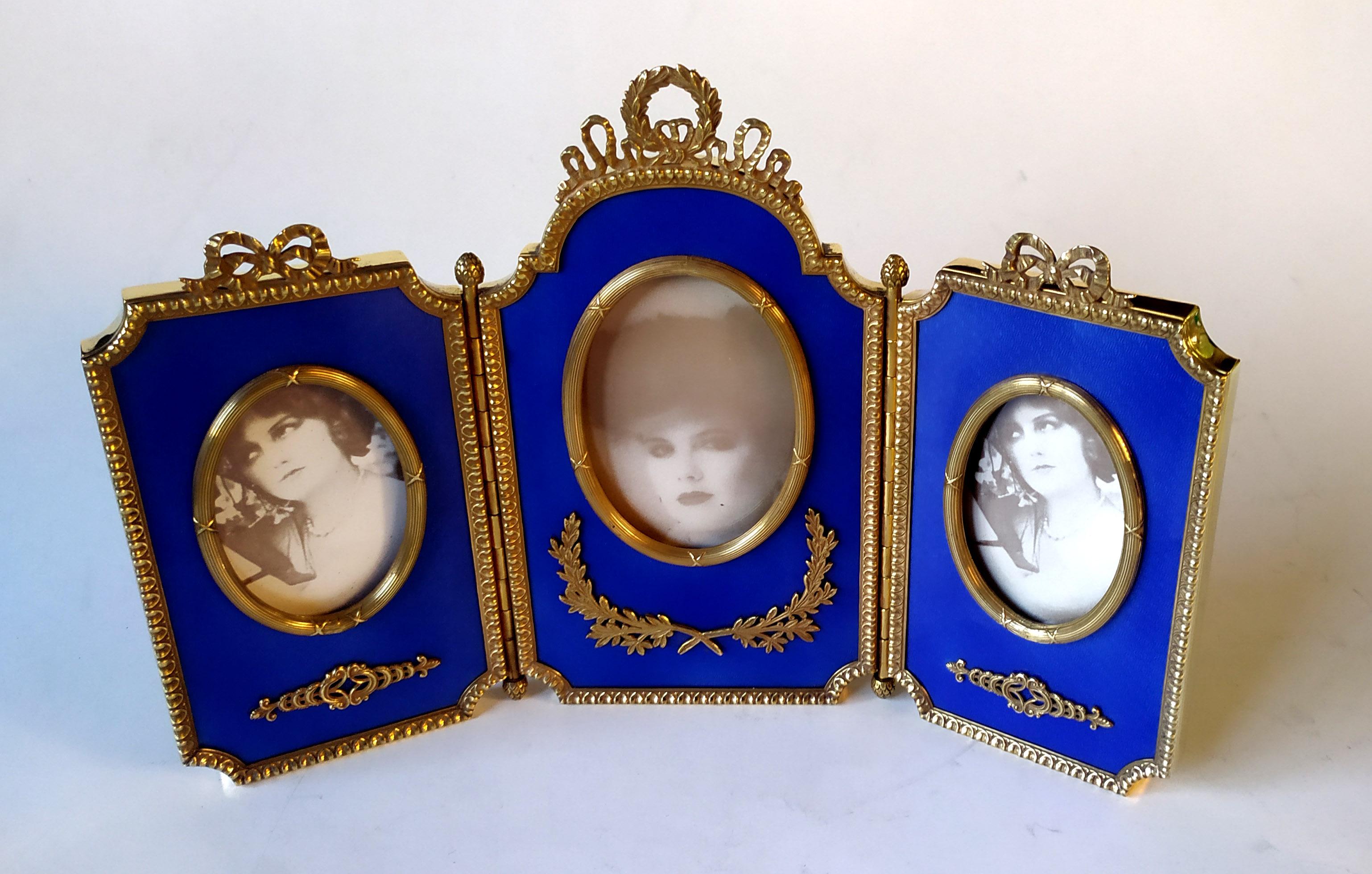 Italian Photo Frame Triptych hinged shaped frame for 3 photographs Blue Enamel Salimbeni