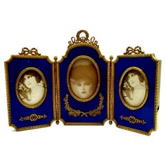 Photo Frame Triptych hinged shaped frame for 3 photographs Blue Enamel Salimbeni
