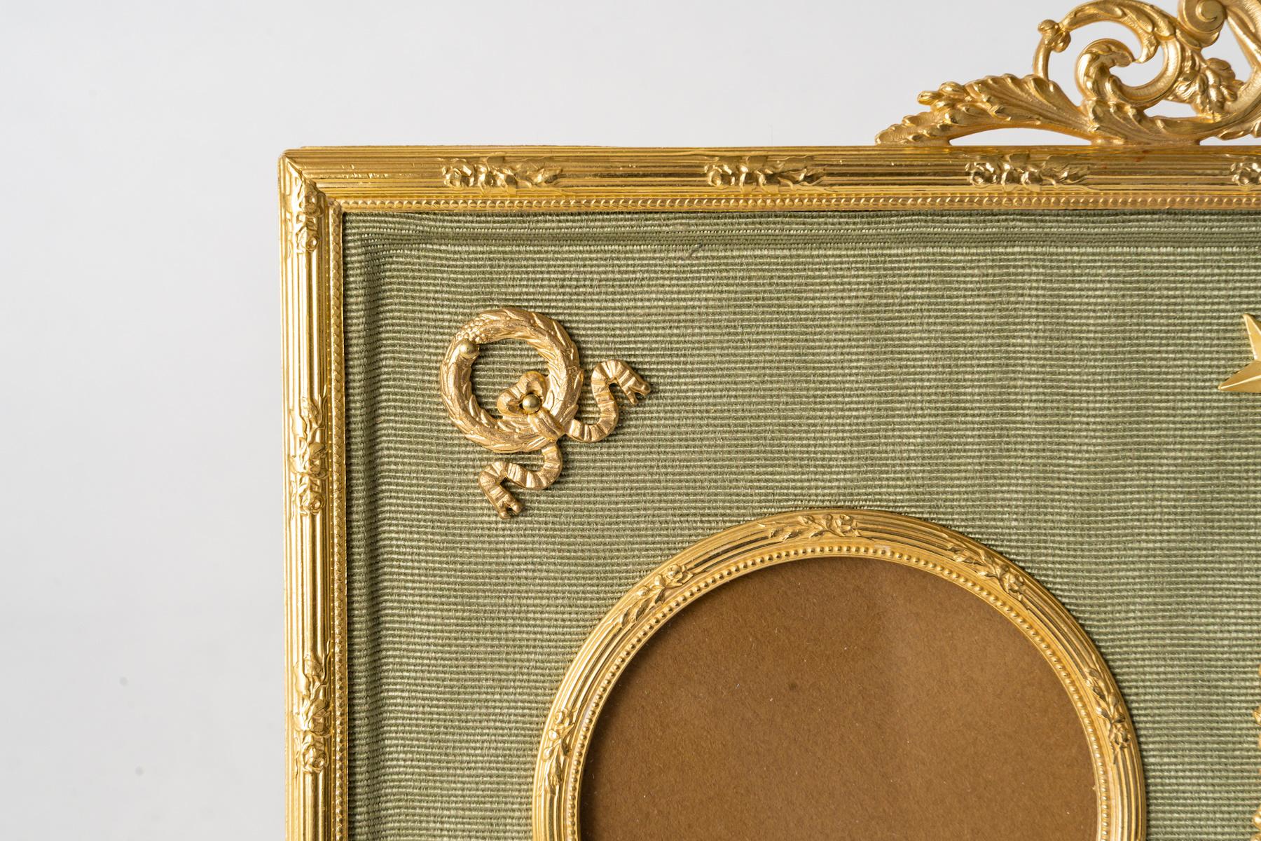 French Photo Frame, Two Photos in Gilded Brass and Green Fabric from the 19th Century. For Sale