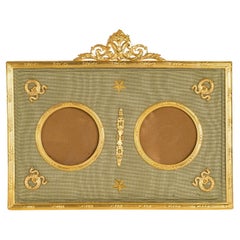 Photo Frame, Two Photos in Gilded Brass and Green Fabric from the 19th Century.