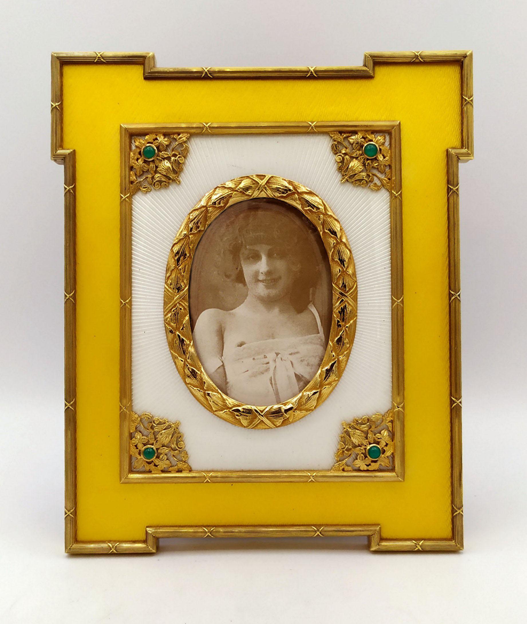 Gold Plate Photo Frame Two-Tone Fired Enamel on Guillochè Louis XVI Style Sterling Silver S For Sale
