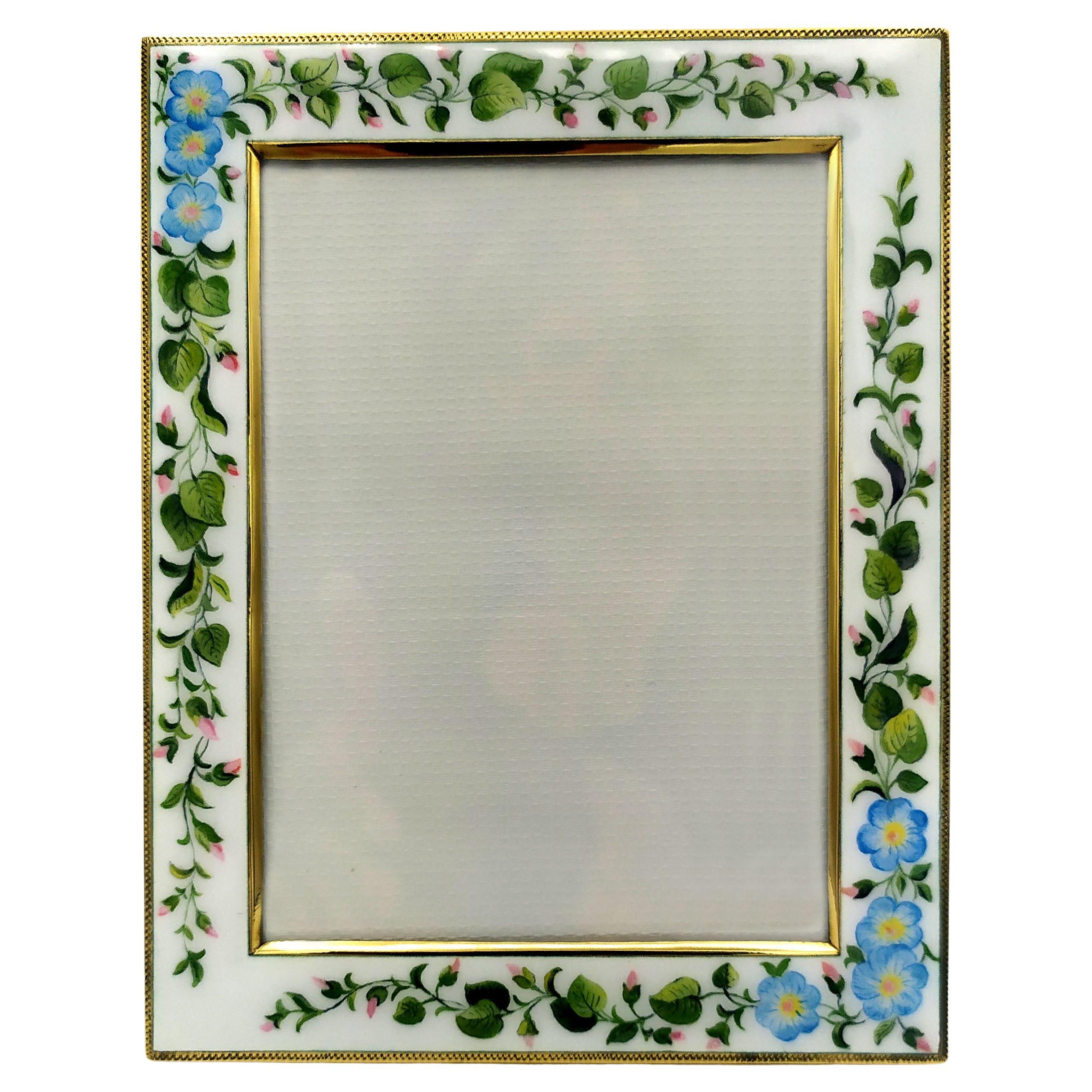 Photo Frame White Enamel and Hand Painted Flower Garlands Sterling Silver Salimb For Sale