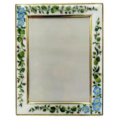 Photo Frame White Enamel and Hand Painted Flower Garlands Sterling Silver Salimb