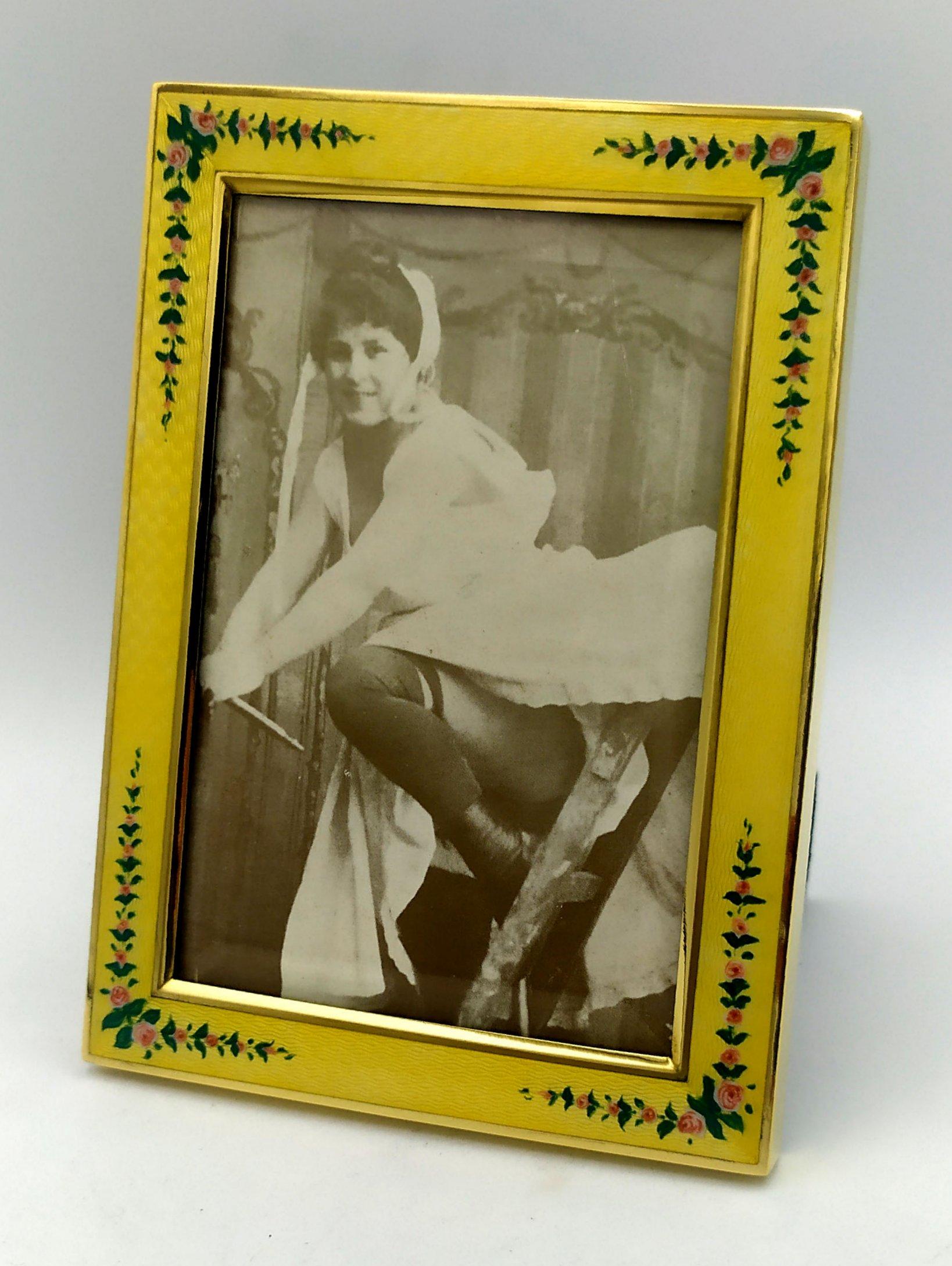 Art Nouveau Photo Frame Yellow Enamel and Flower Garlands Sterling Silver Salimbeni For Sale