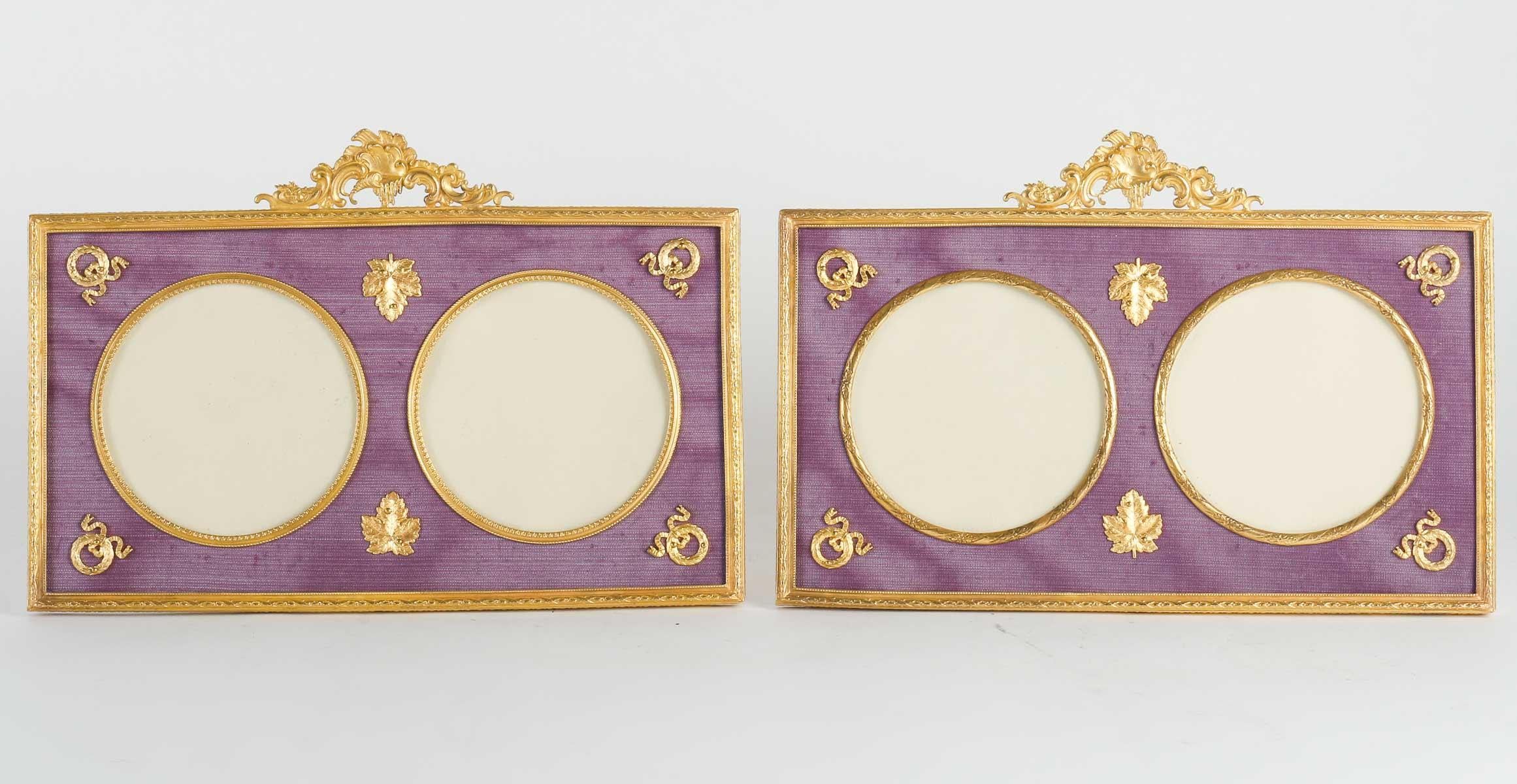 French Photo Frames in Gilt Bronze and Fabric, 19th Century, Louis XV Style.