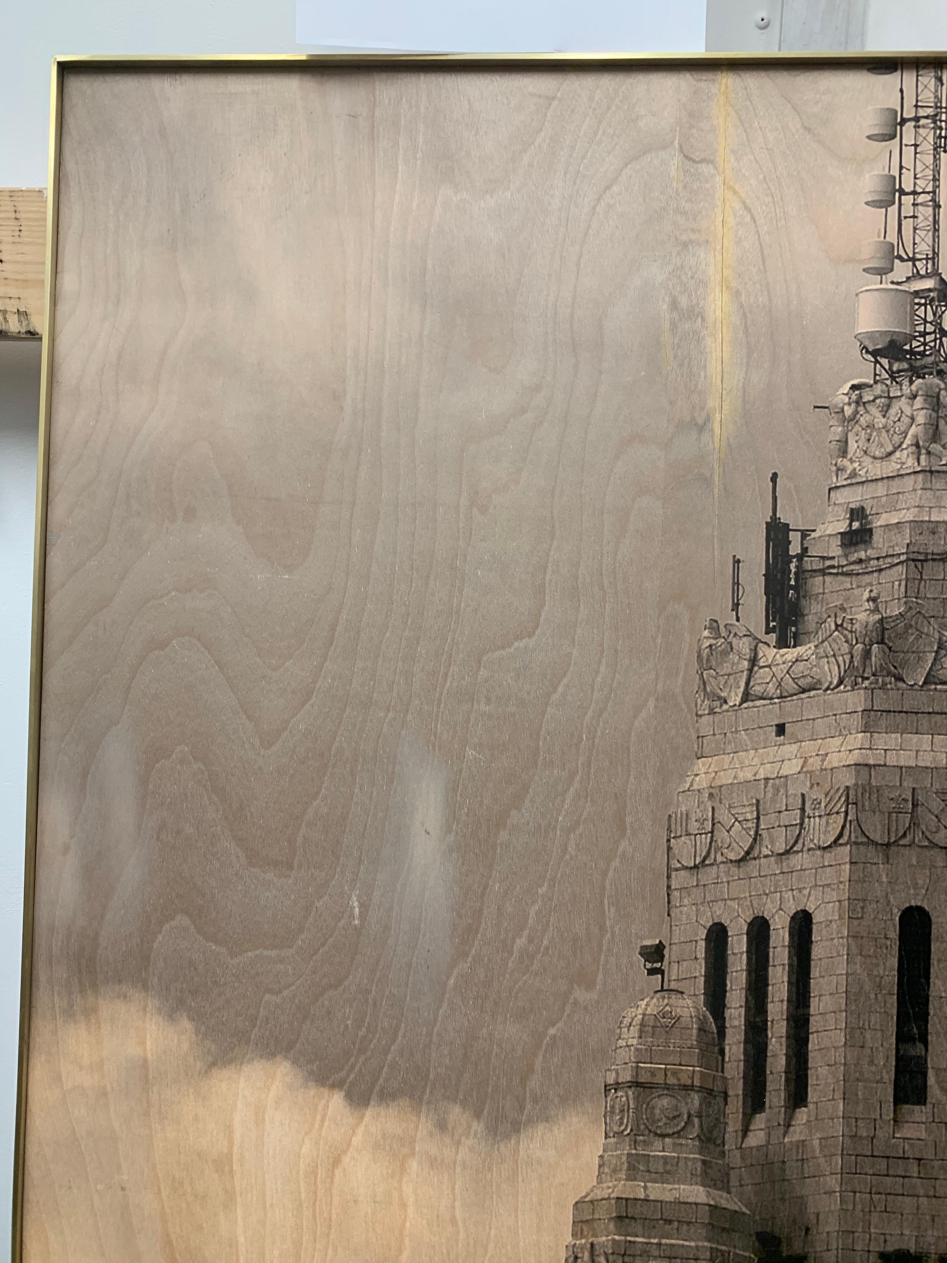 Photo Transfer on Wood with Brass Frame, Leveque Tower For Sale 7