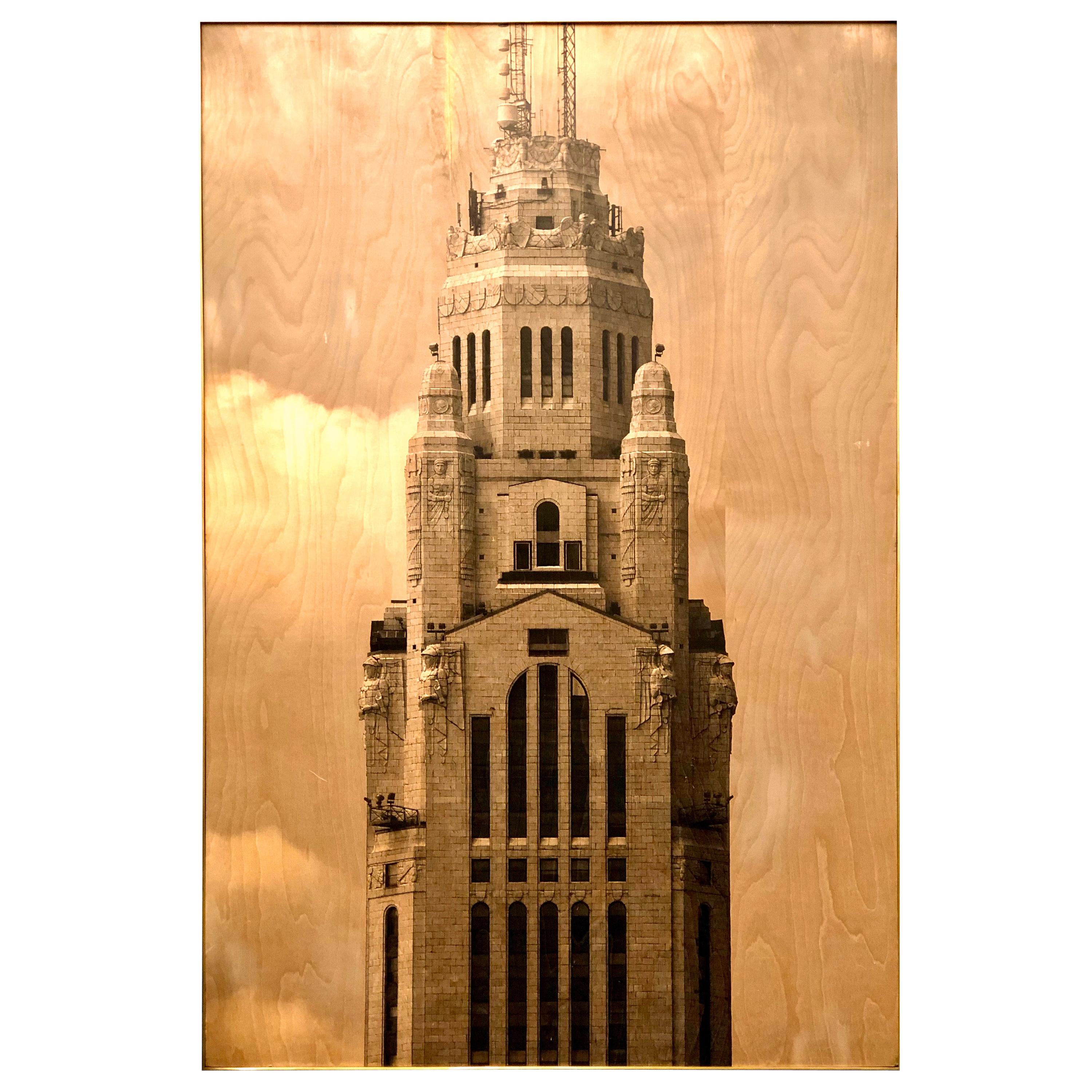 Photo Transfer on Wood with Brass Frame, Leveque Tower For Sale