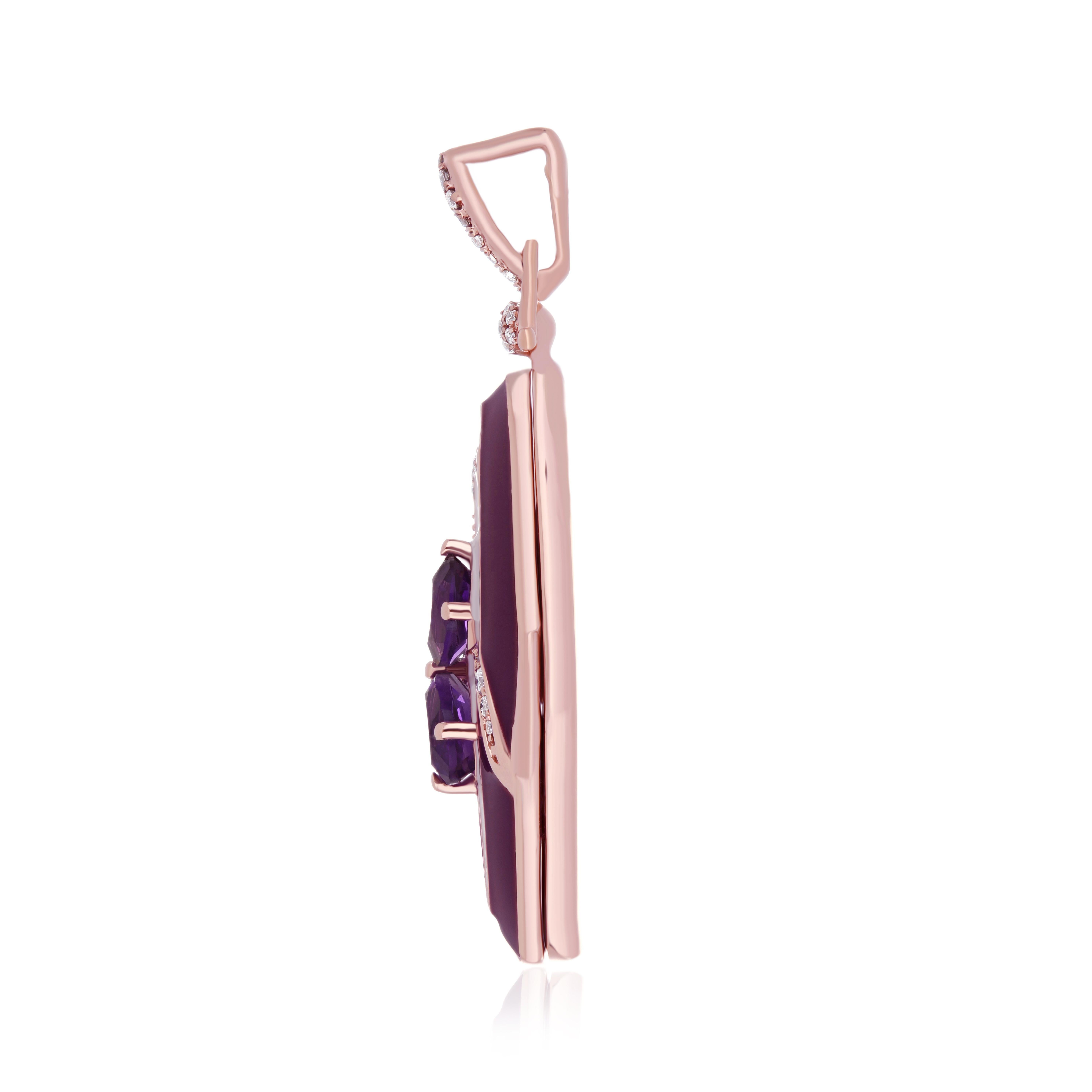 Elegant and Exquisitely detailed Photo Box Gold Pendant, center set with 1.48Ct Pear Shape Amethyst surrounded by White & Purple Enamel and accented with micro pave Diamonds, weighing approx. 0.20 Cts. total carat weight. This PhotoBox pendant has a