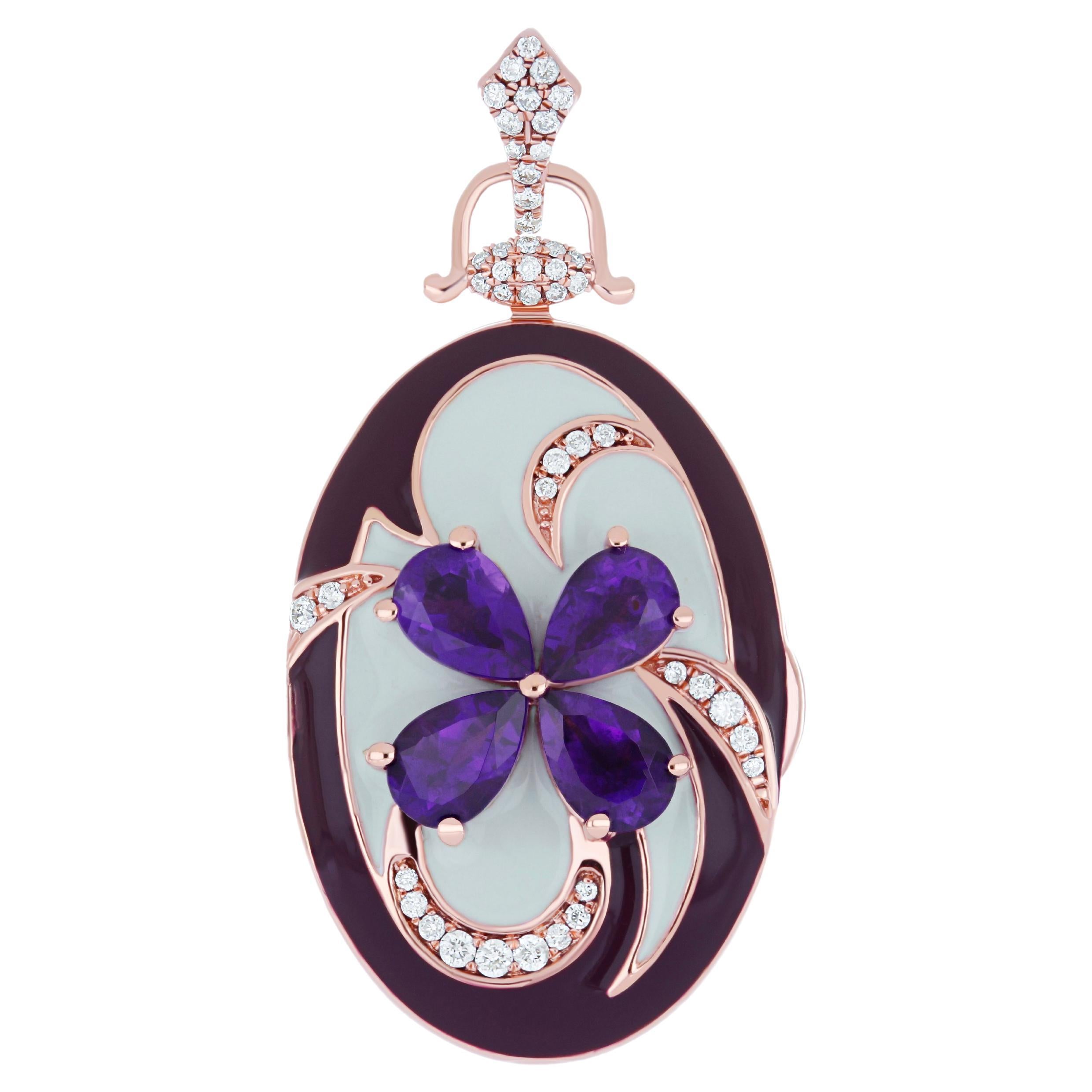 Pendentif en or rose 14 carats avec améthyste, émail et diamants cloutés