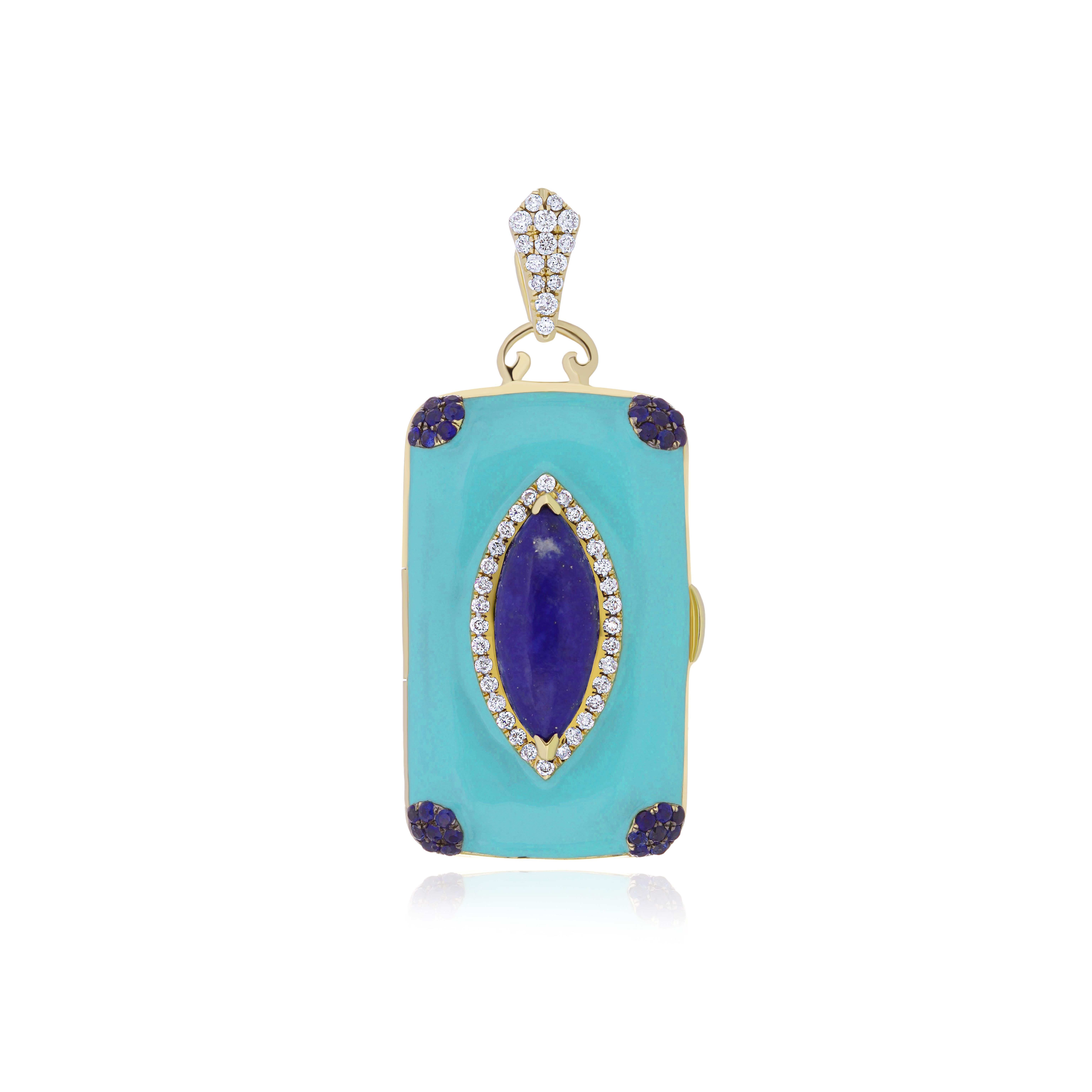 PhotoBox Pendant in Lapis Lazuli, Blue Sapphire, Enamel, Diamond 14K Yellow Gold For Sale 1