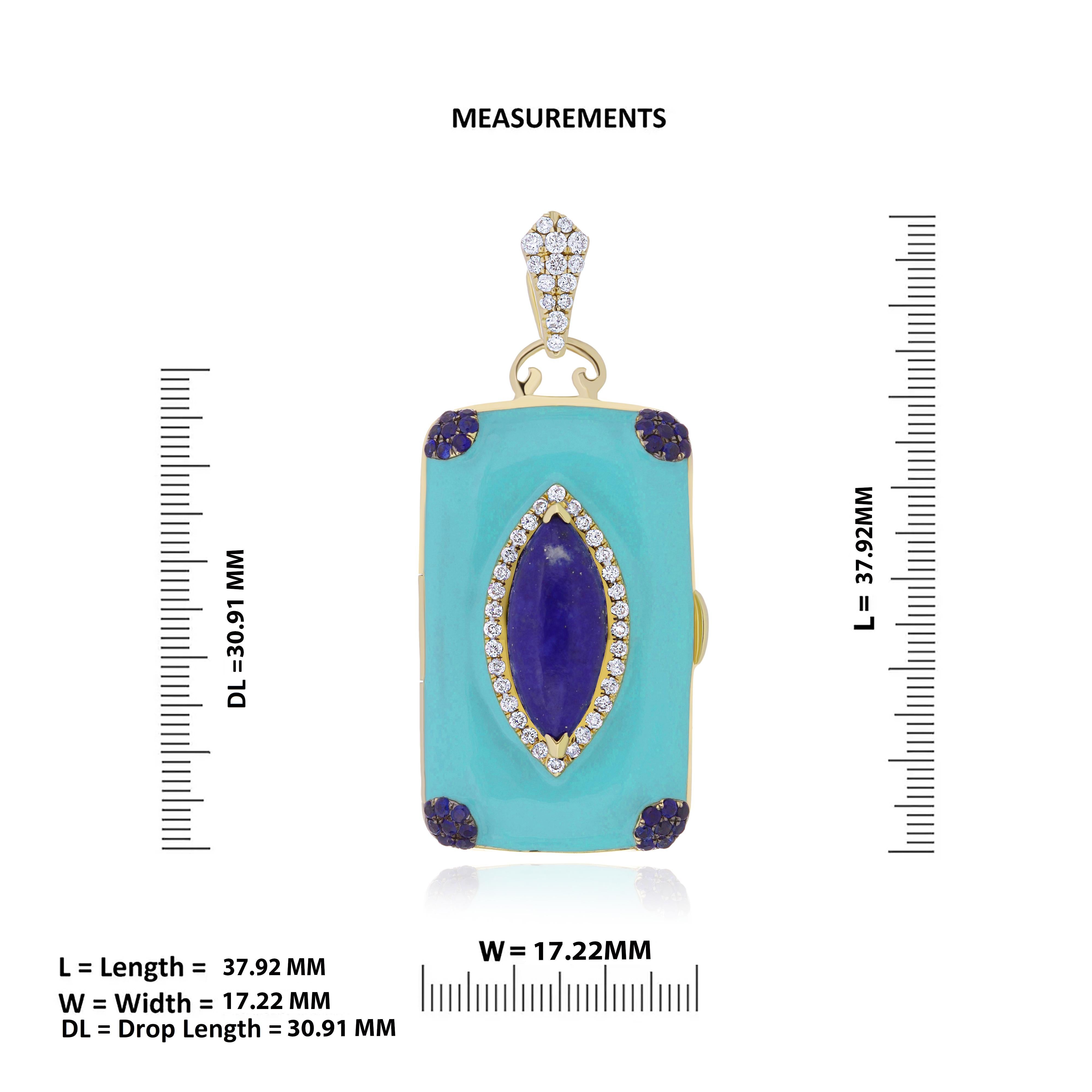 Women's PhotoBox Pendant in Lapis Lazuli, Blue Sapphire, Enamel, Diamond 14K Yellow Gold For Sale