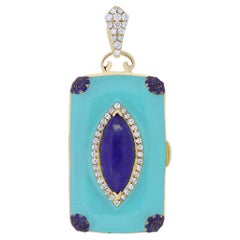 PhotoBox Pendant in Lapis Lazuli, Blue Sapphire, Enamel, Diamond 14K Yellow Gold