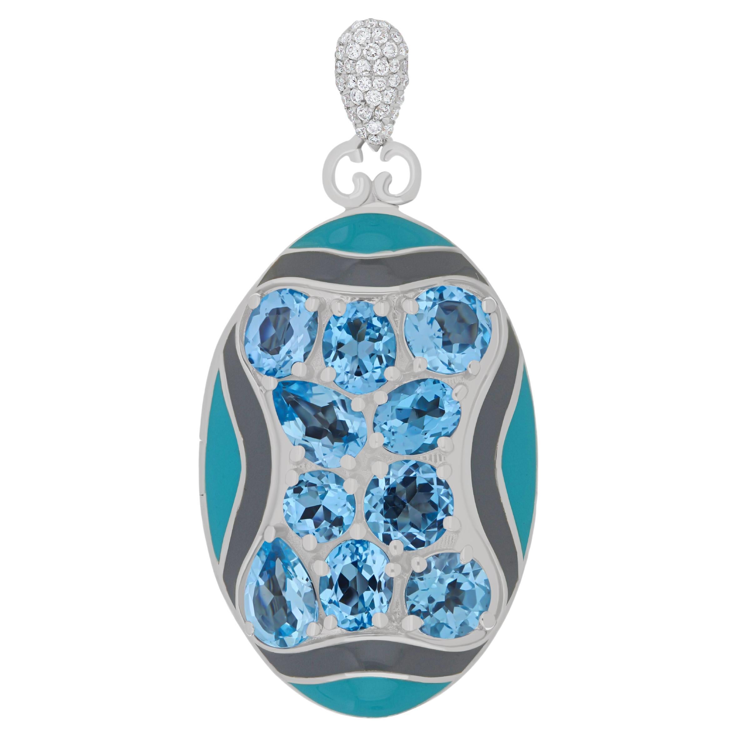 Pendentif en or blanc 14 carats clouté d'une topaze bleue suisse, d'émail et de diamants