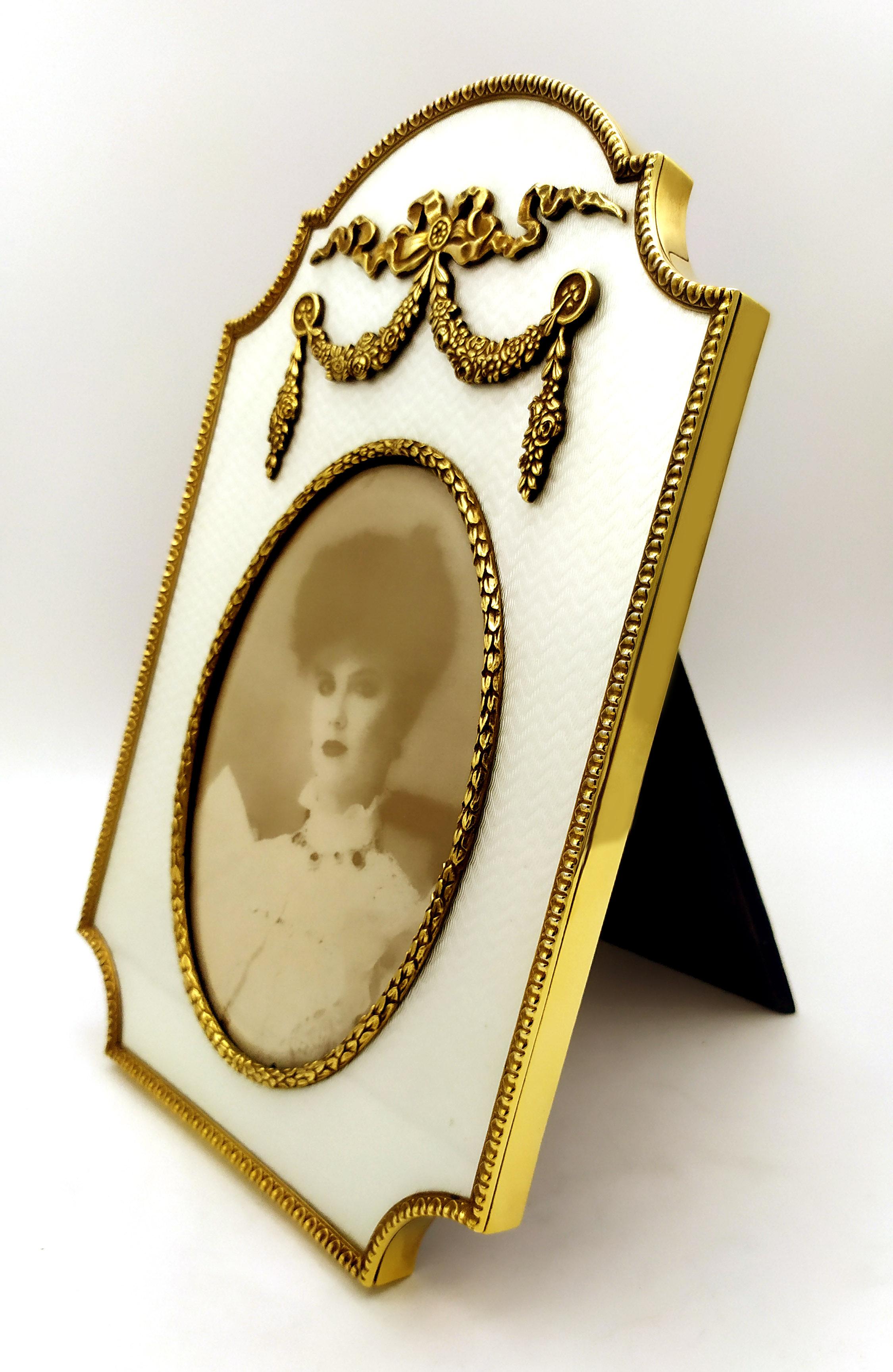 Empire Photograph Frame Large Imperial Style White Enamel on Sterling Silver Salimbeni For Sale