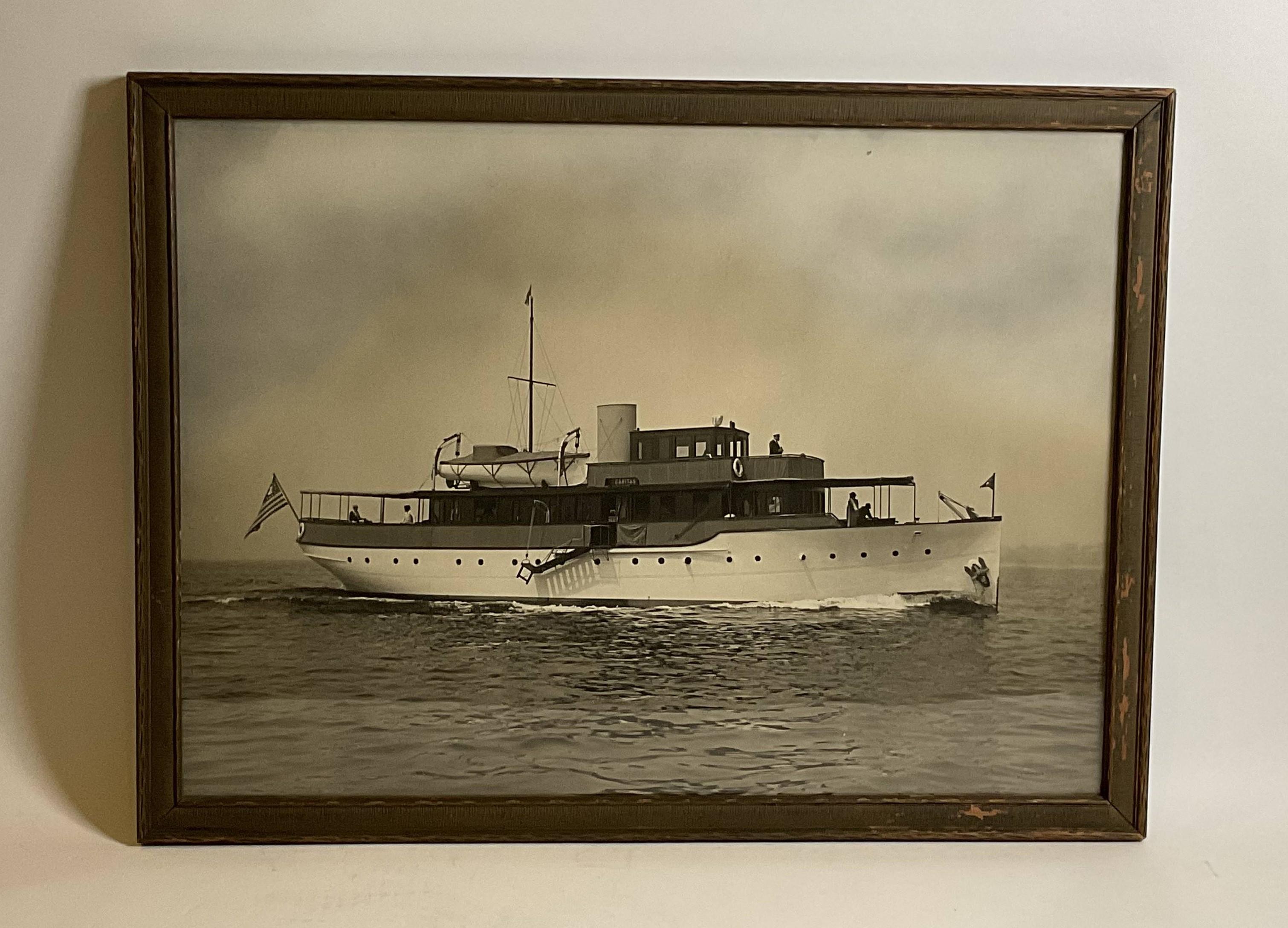 Early twentieth century photo by Edwin Levick of the Lawley Built Yacht “Caritas”. Caritas was a 112 foot private power yacht constructed at George Lawley and Son, Neponset Mass. Homeport was Caritas Island in Bridgeport Connecticut. She was built
