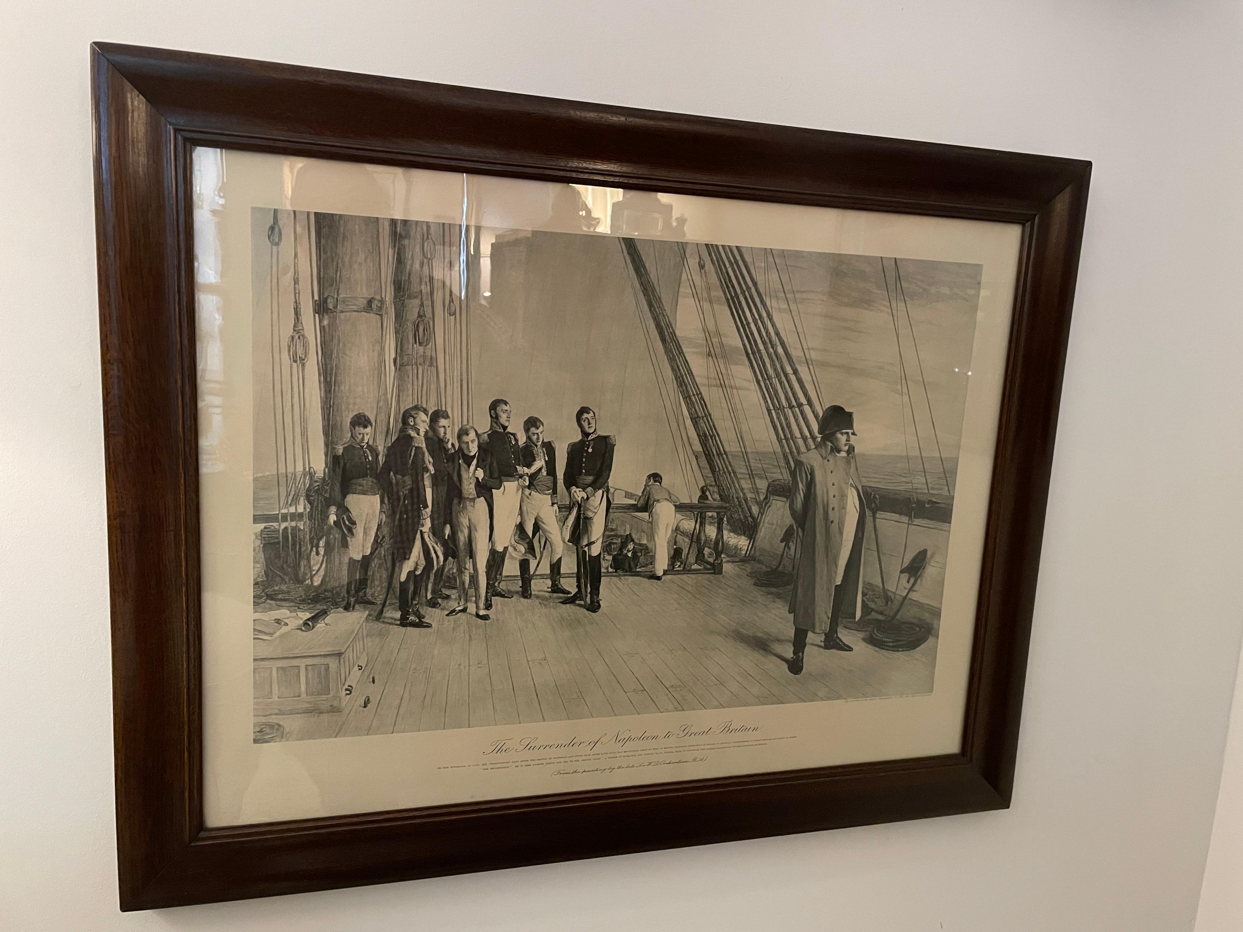 This stylish and somber photogravure dates to the late 19th century, and was created from an oil painting by Sir William Q. Orchardson. The photogravure depicts Napoleon Bonaparte aboard the Bellerophan on his way to the island of Elba, after his