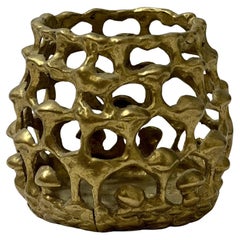 Photophore porte bougie brutaliste en bronze brasé et doré style Monique Gerber