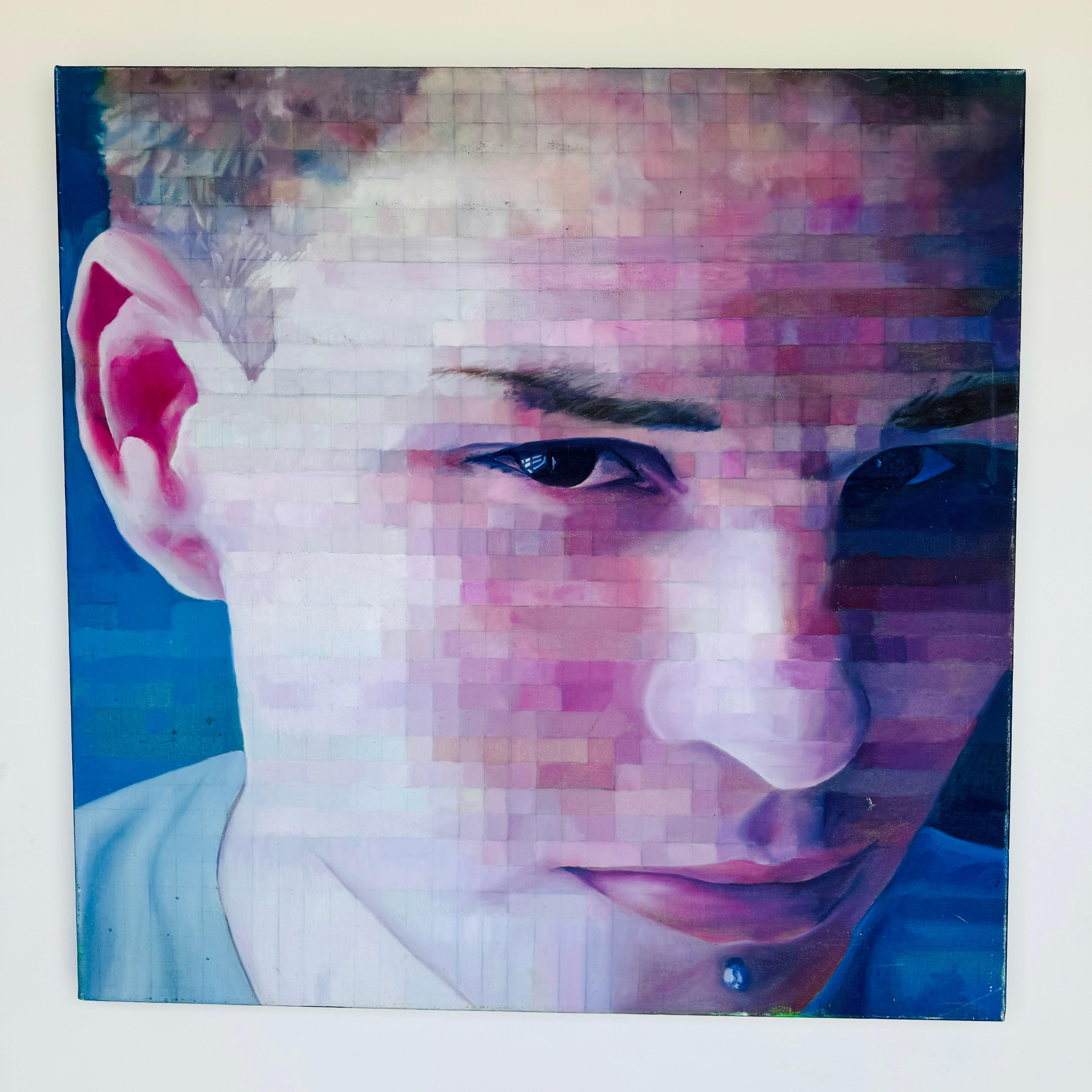 Photorealism Acrylic on Canvas Titled “Chris” After Chuck Close  For Sale