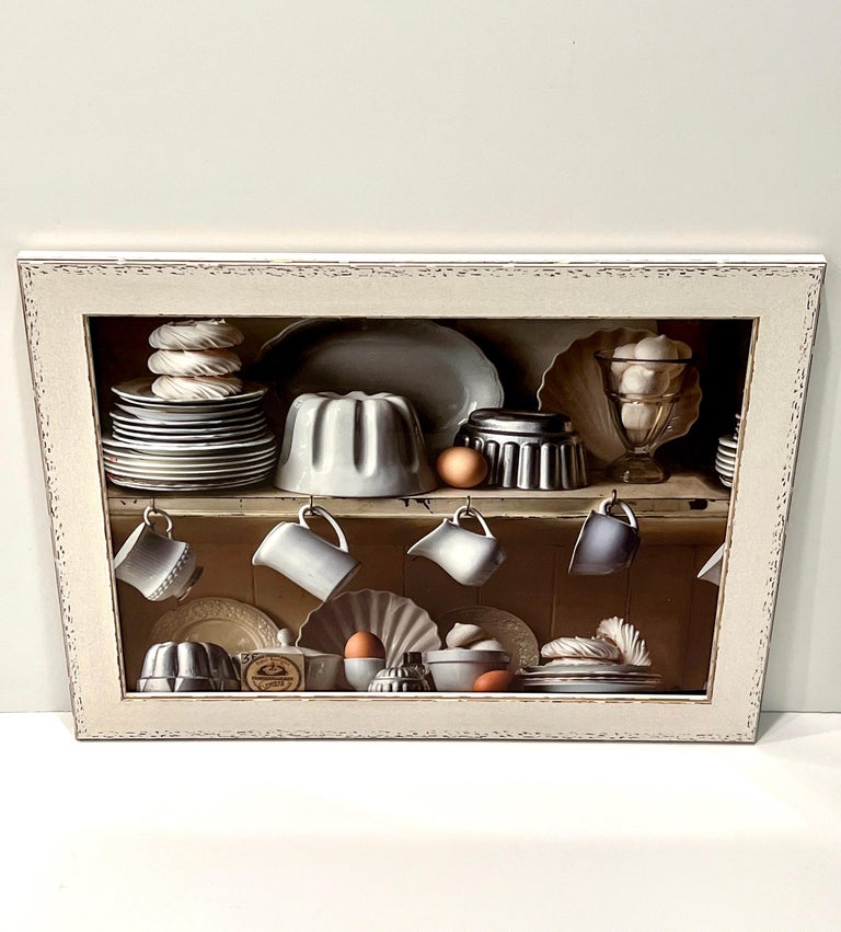 Hand-Crafted Photorealist Artwork of French Farmhouse Kitchen in Custom Whitewash Frame For Sale