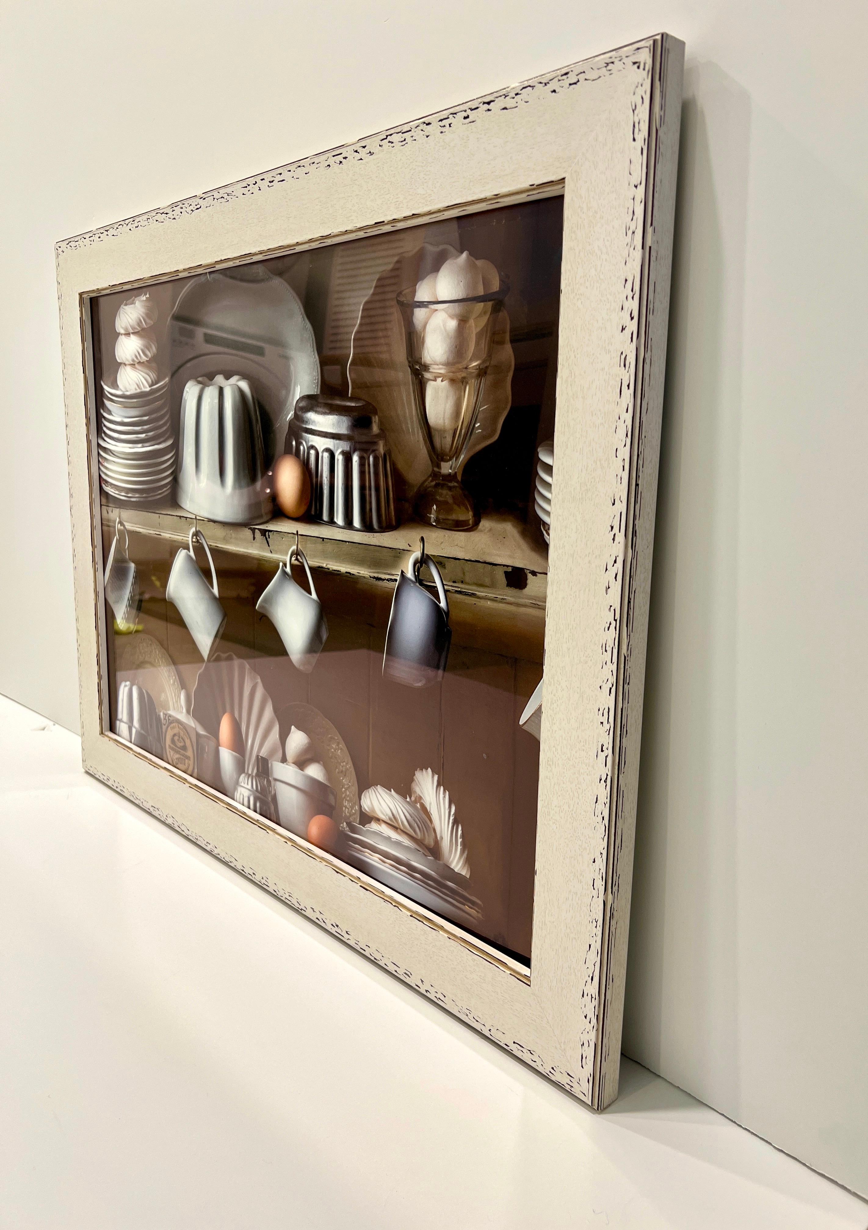 Photorealist Artwork of French Farmhouse Kitchen in Custom Whitewash Frame For Sale 1