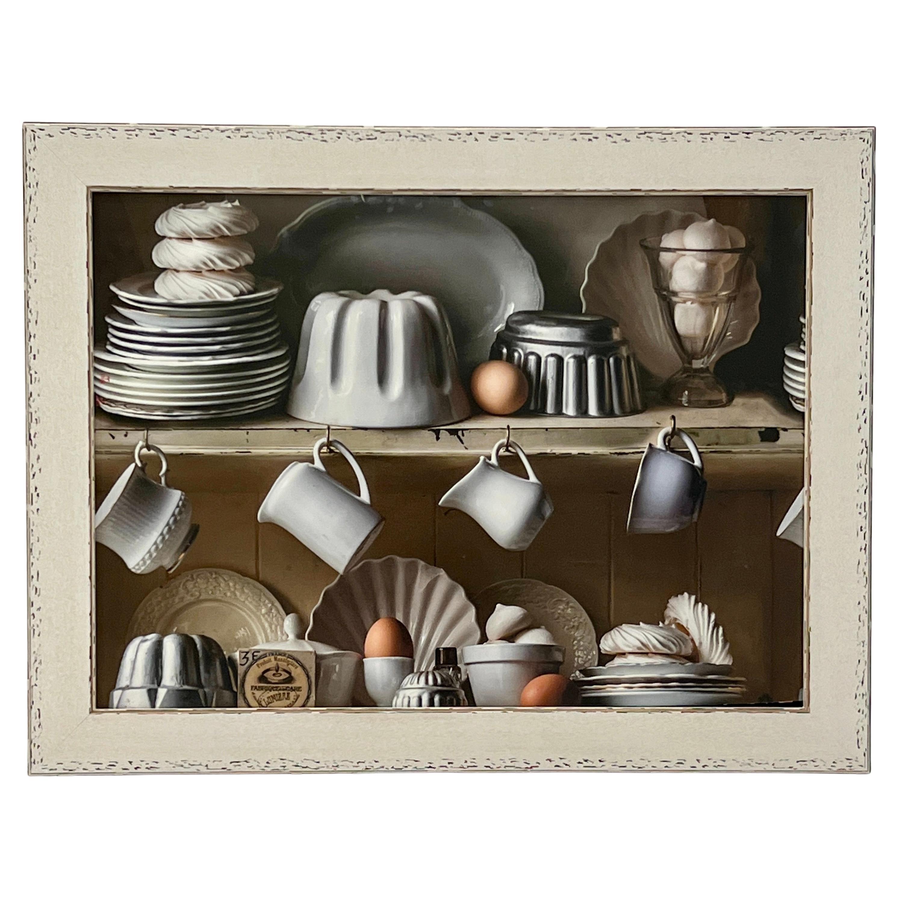 Œuvre d'art photoréaliste d'une cuisine de ferme française dans un cadre blanchi sur mesure en vente