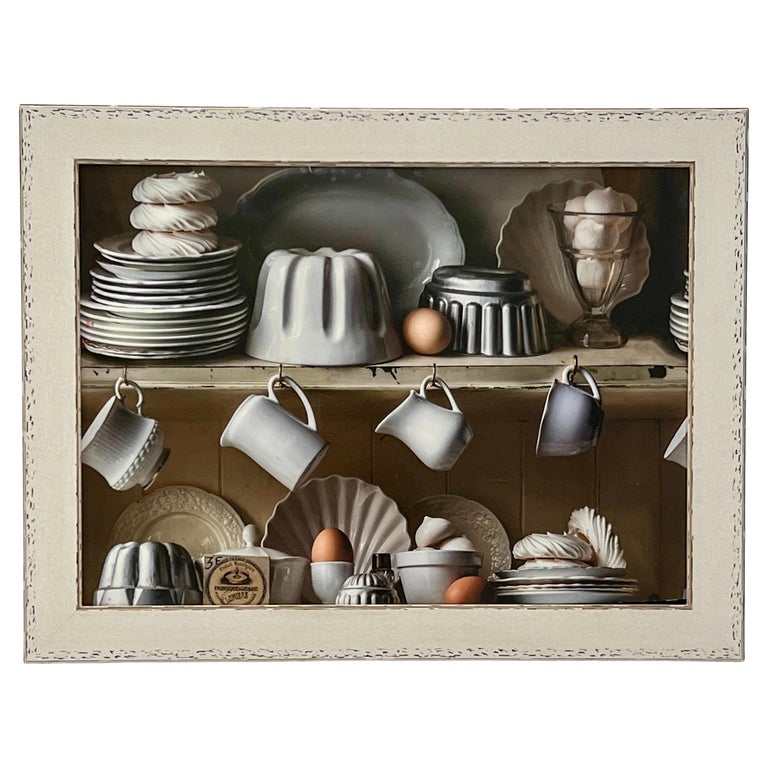 Photorealist Artwork of French Farmhouse Kitchen in Custom Whitewash Frame For Sale