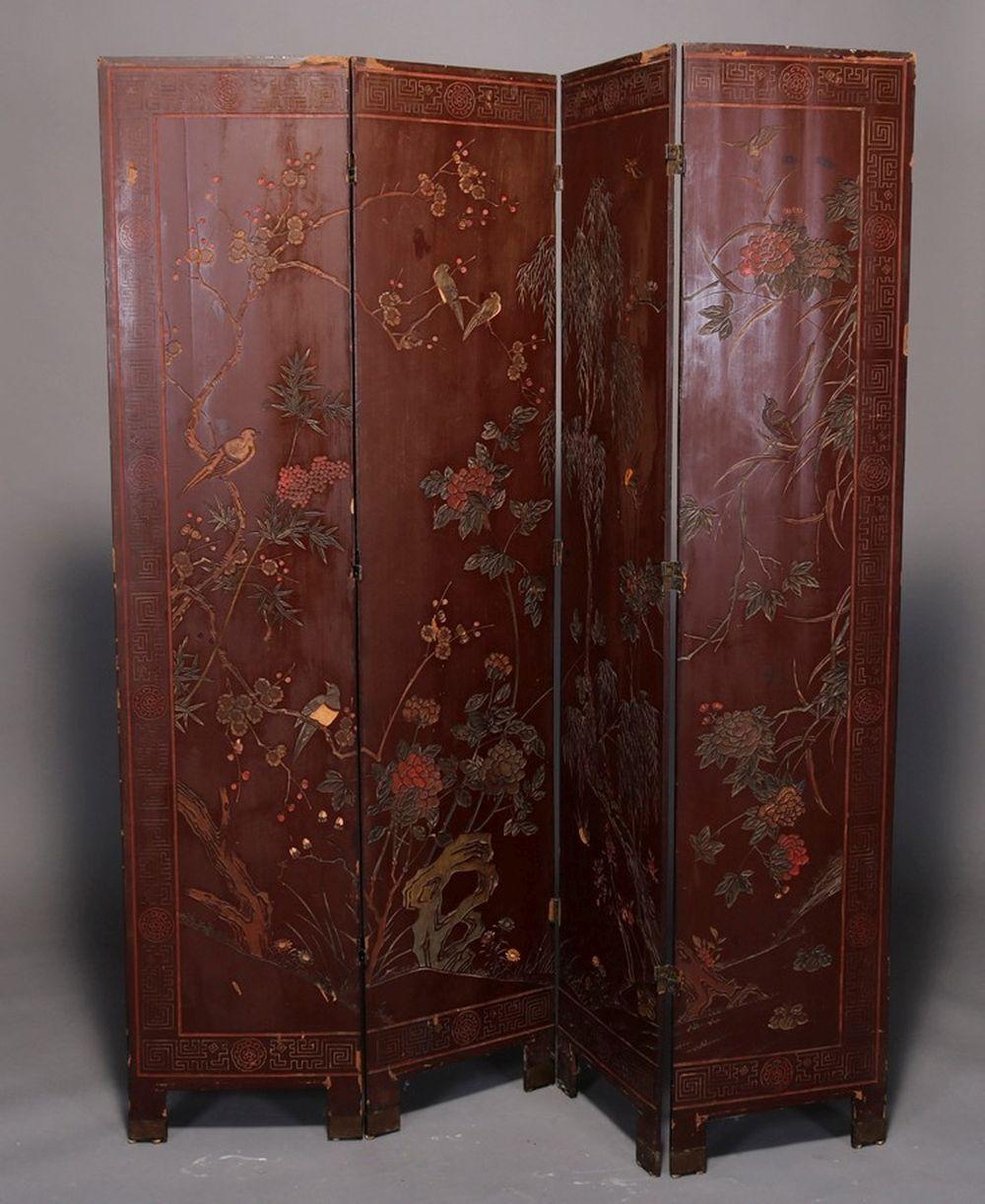 20th Century Antique Chinese Carved Polychrome 4 Panel Dressing Screen, Circa 1920