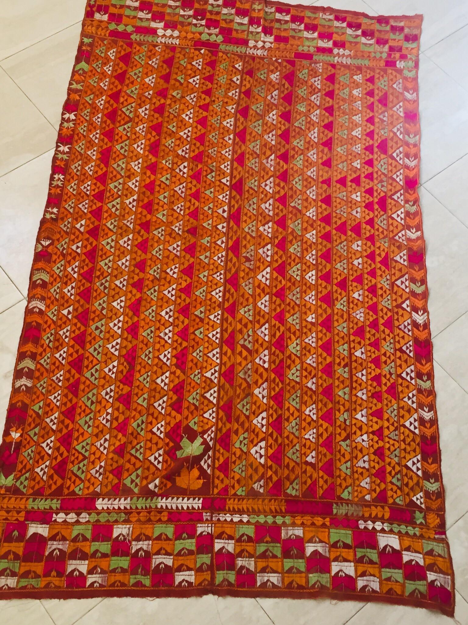 Orange Phulkari Bawan Bagh Wedding Shawl, Silk Embroidery on Cotton, Punjab India For Sale