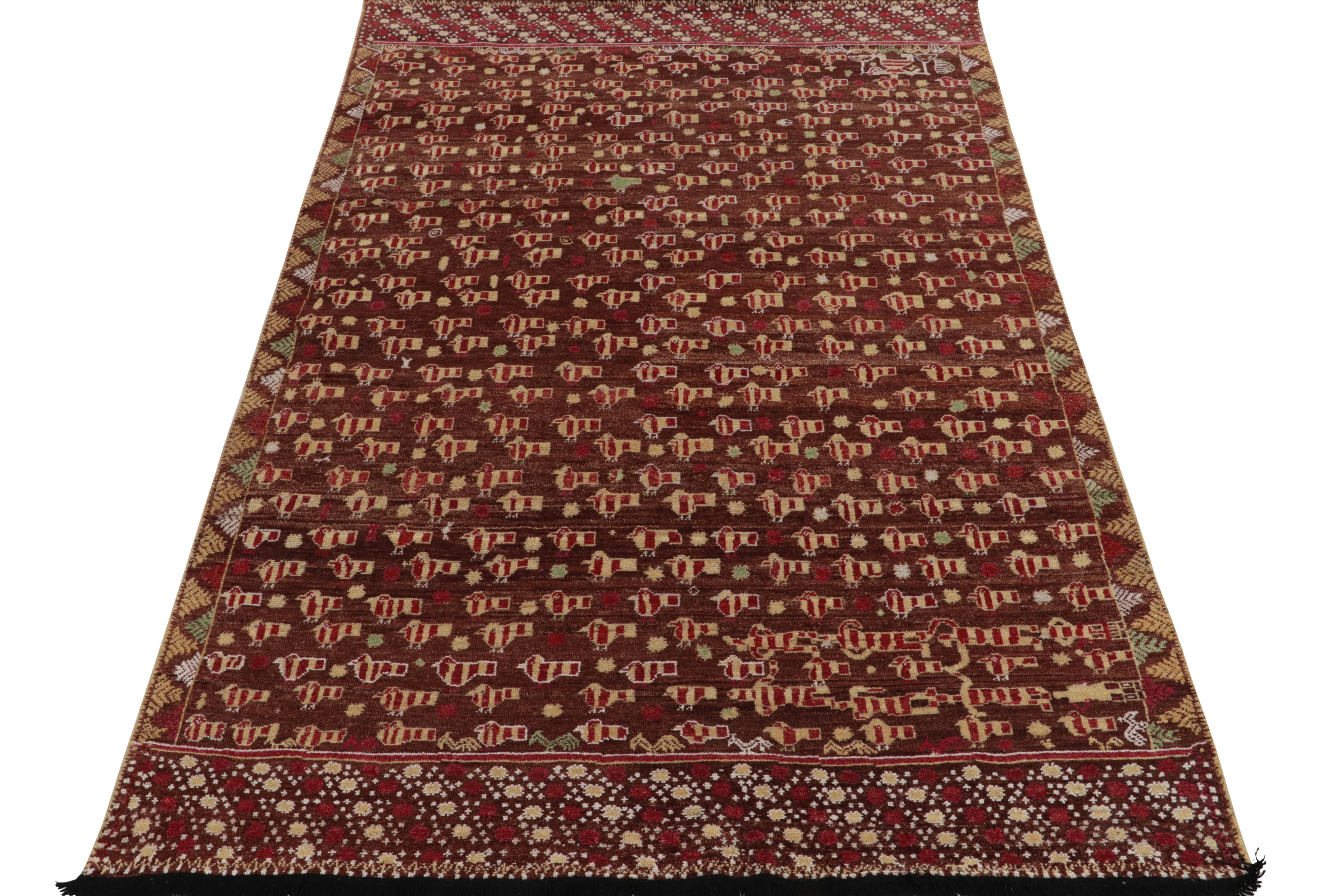 Tissé à la main en laine fine, ce tapis 6x9 de notre collection Burano adapte magnifiquement l'inspiration de l'art folklorique Phulkari à un poil riche et contemporain. Cette vision donne lieu à une interprétation délicate de pictogrammes d'oiseaux