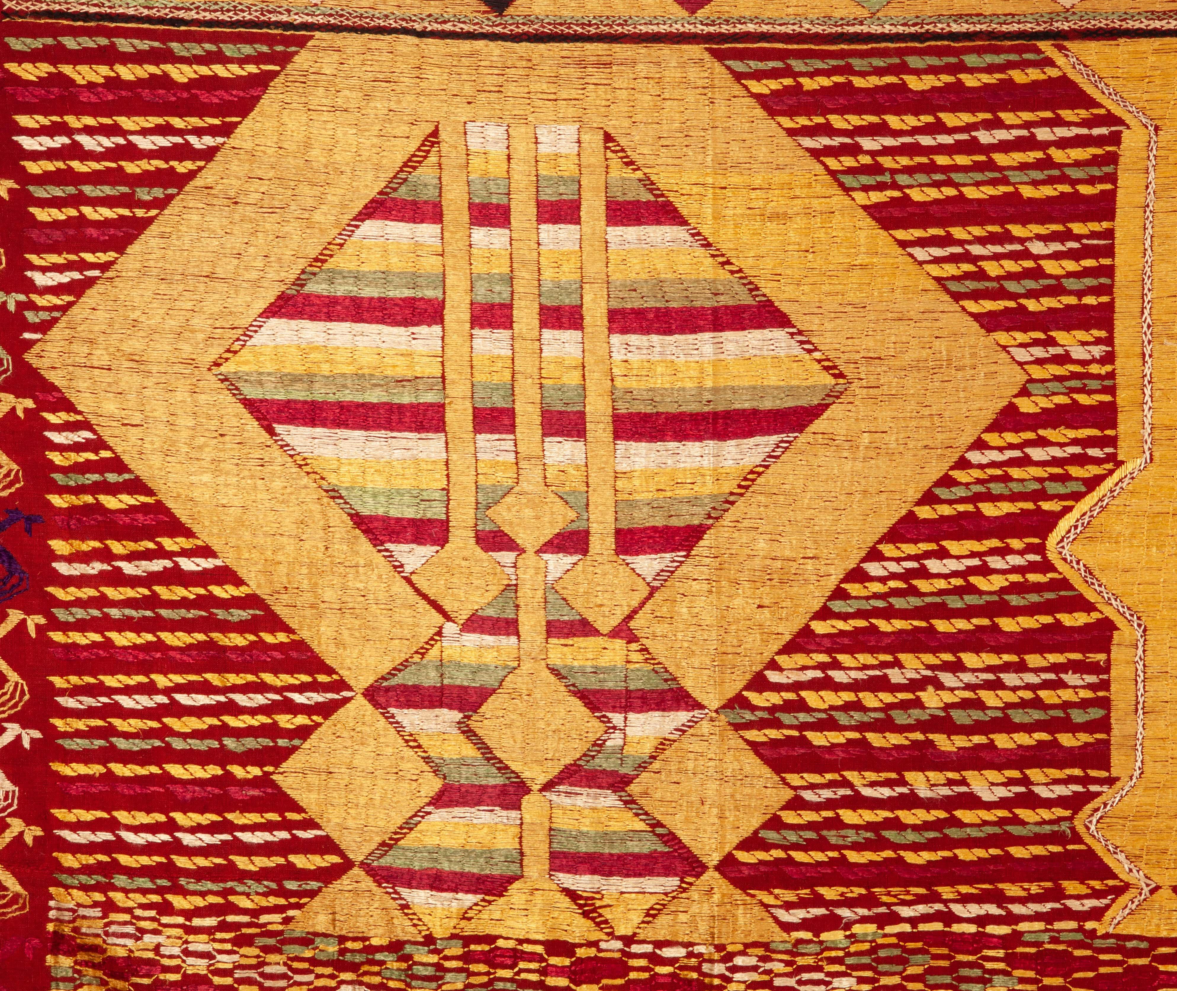 A rare pattern embroidered in silk on a hand loomed cotton background.