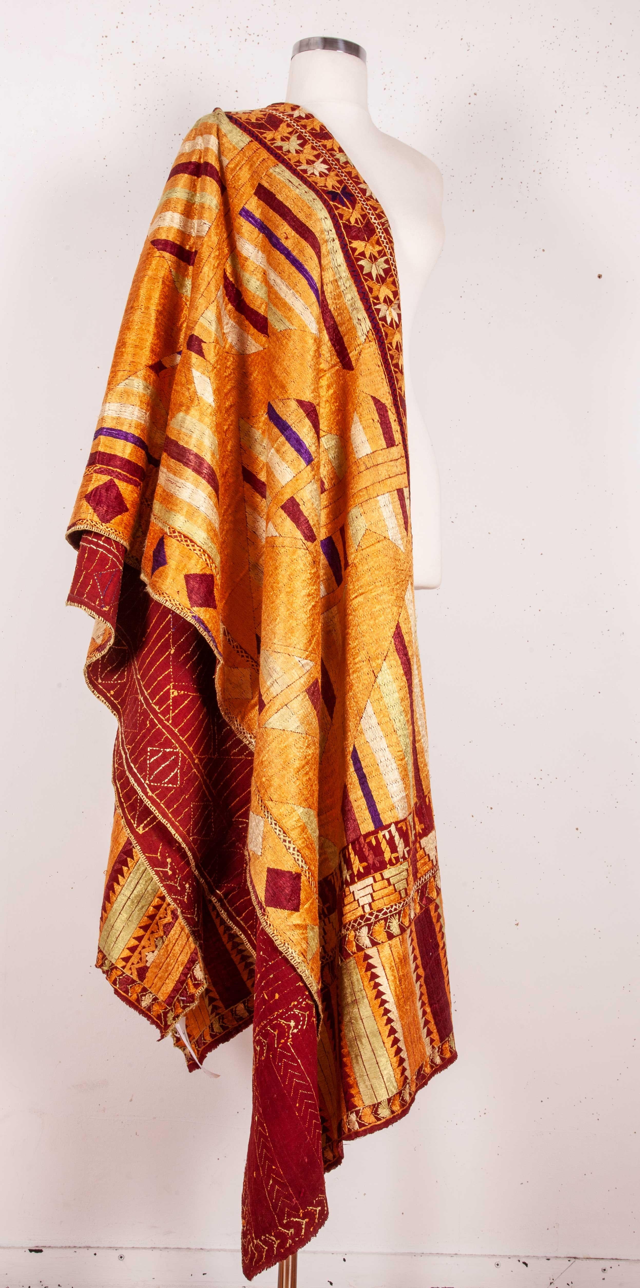 Hand-Woven Phulkari Wedding Shawl, Silk Embroidery on Cotton, Early 20th Century
