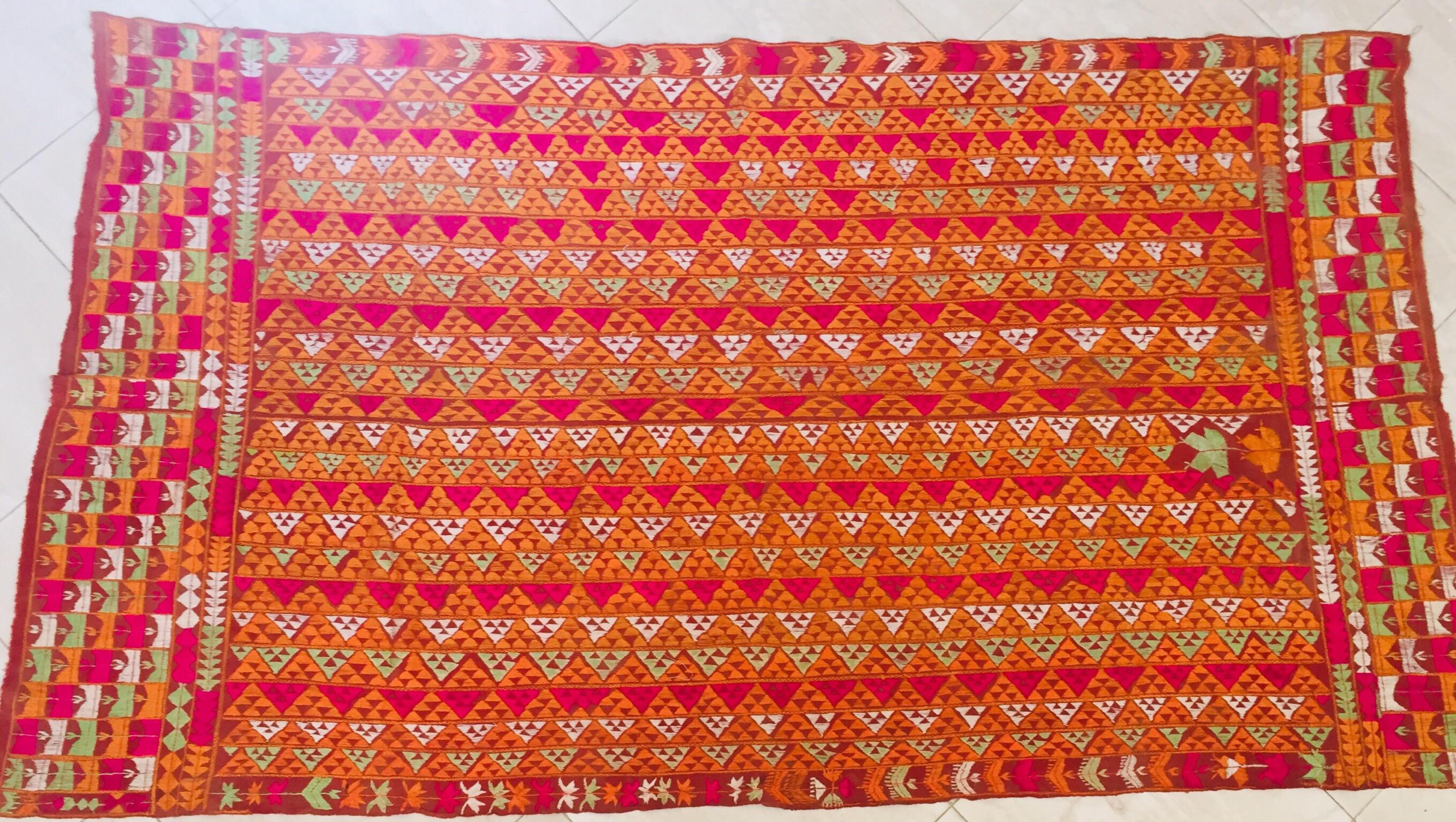 Folk Art Phulkari Bawan Bagh Wedding Shawl, Silk Embroidery on Cotton, Punjab India For Sale