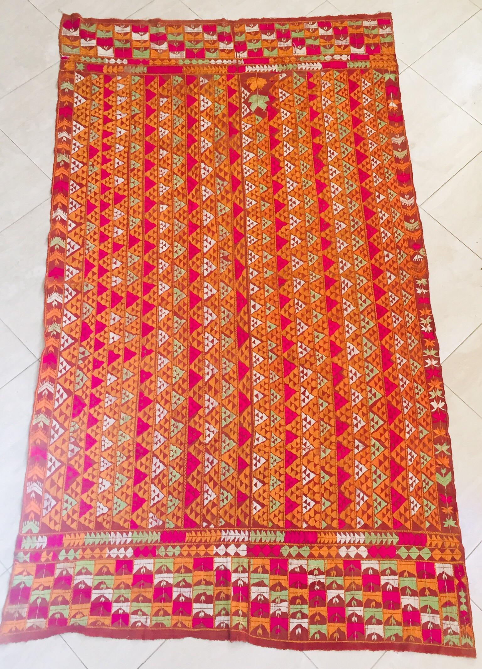Indian Phulkari Bawan Bagh Wedding Shawl, Silk Embroidery on Cotton, Punjab India For Sale