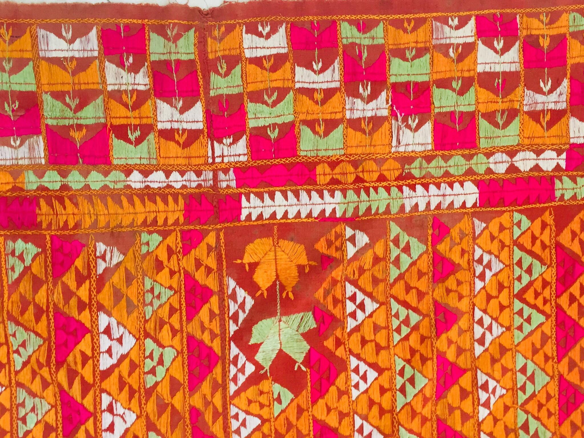 20th Century Phulkari Bawan Bagh Wedding Shawl, Silk Embroidery on Cotton, Punjab India For Sale