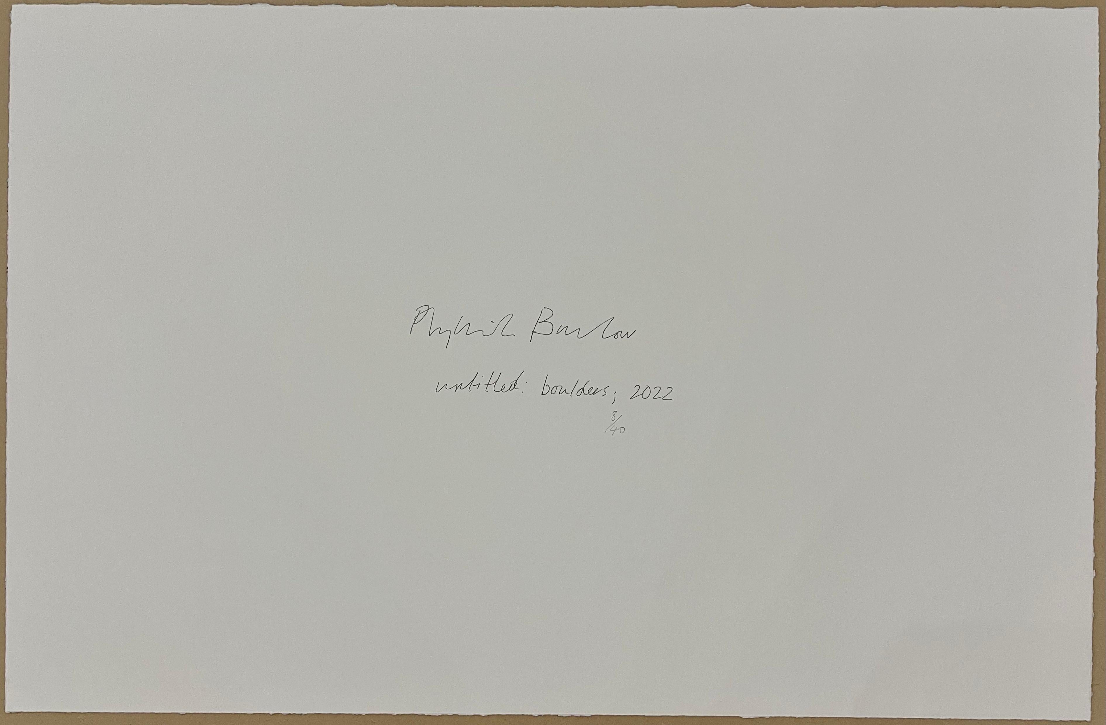 Phyllida Barlow
Sin título: cantos rodados, 2022
Litografía sobre papel tejido
Firma del artista impresa en el verso; Firmado y numerado
Acompañado de un certificado de autenticidad certificado por su patrimonio
49.5 x 76 cm
Edición de 40 + 10 AP +