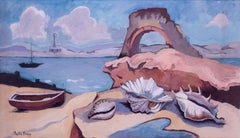 'Shells before a lighthouse' oil painting by female artist Phyllis Bray