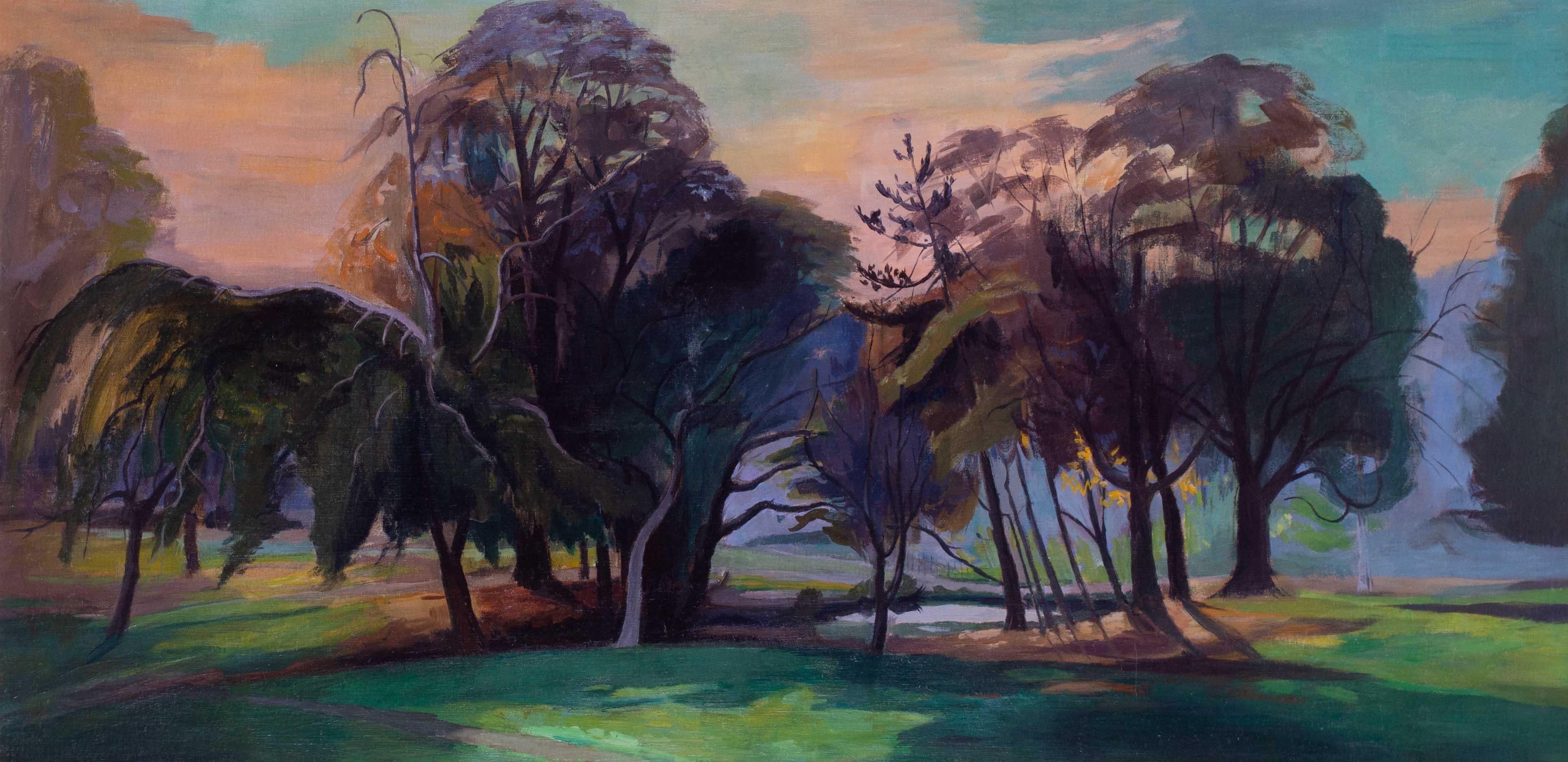 Peinture de paysage d'un étang des bois par l'artiste féminine du 20e siècle Phyllis Bray en vente 1