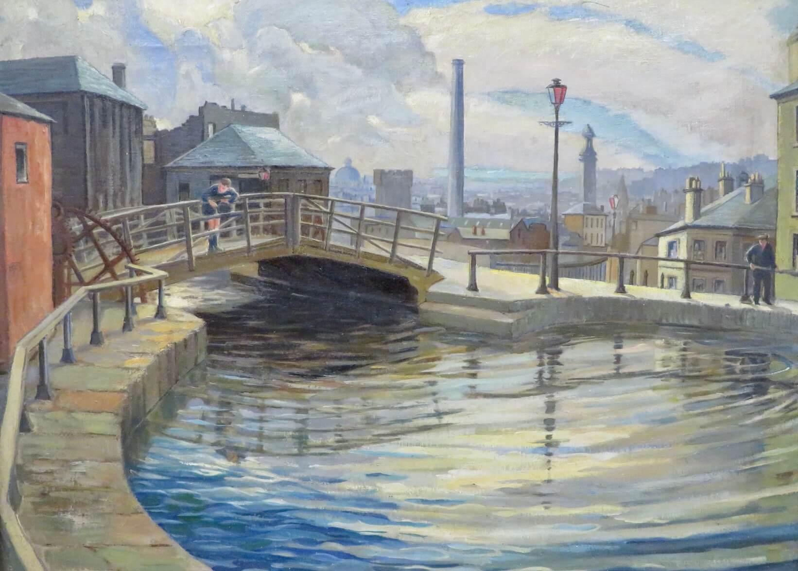 Pittura a olio originale della metà del secolo scorso GLASGOW SCENA CANALE SCOZIA - Painting di Phyllis Emerson Gomme 