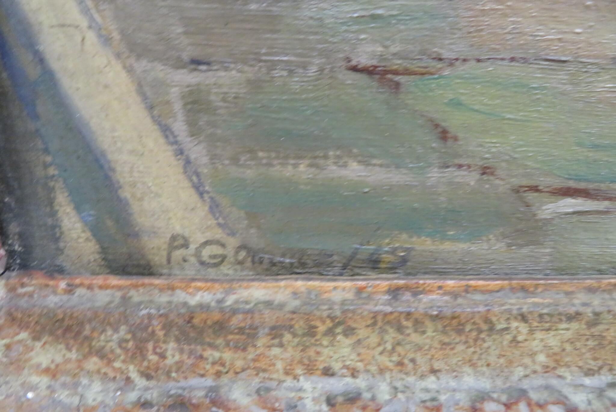 Pittura a olio originale della metà del secolo scorso GLASGOW SCENA CANALE SCOZIA - Landscape Painting Marrone di Phyllis Emerson Gomme 