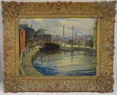 Antique Original MID CENTURY SCOTTISH oil Painting GLASGOW CANAL SCENE SCOTLAND 