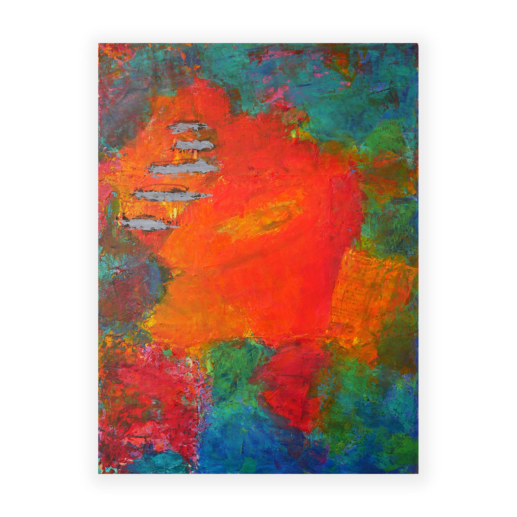 Peinture expressionniste abstraite rouge, bleue et verte Saturday Morning - Abstrait Mixed Media Art par Phyllis Flax