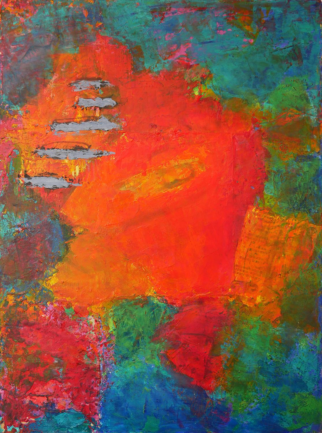 Peinture expressionniste abstraite colorée rouge, bleue et verte de l'artiste Phyllis Flax, basée à Houston, Texas. L'œuvre présente de grandes zones de couleur qui se fondent les unes dans les autres, avec des coupures de presse et des