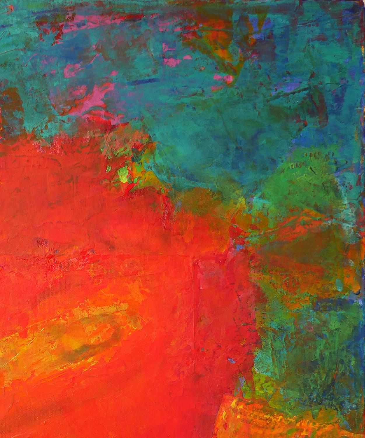 Colorful red, blue, and green abstract expressionist painting by Houston, TX based artist Phyllis Flax. The work features large areas of color bleeding into each other with various newsprint clippings and photographs incorporated throughout. Signed,
