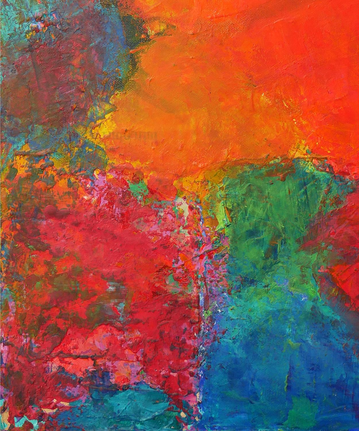 Peinture expressionniste abstraite rouge, bleue et verte Saturday Morning en vente 3
