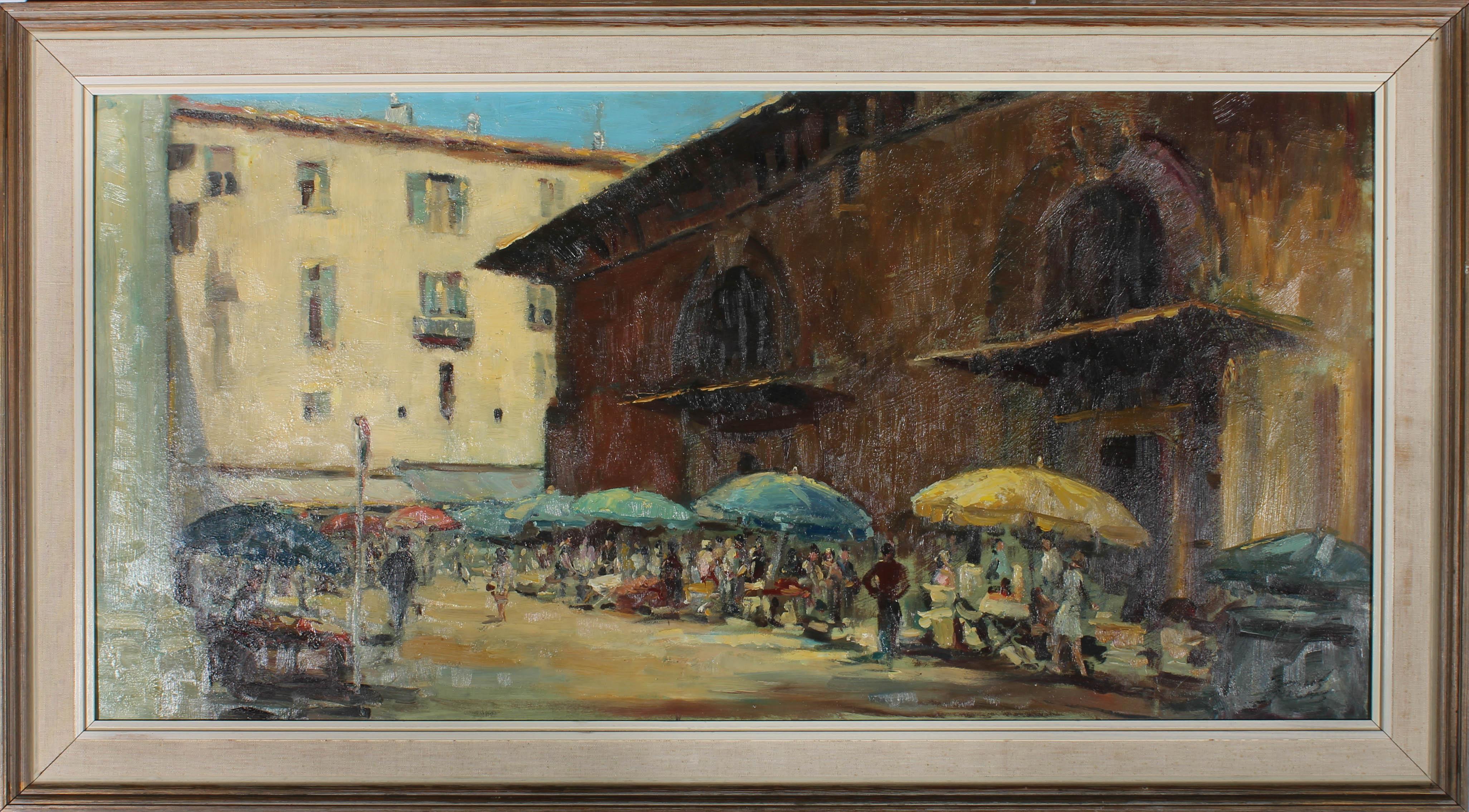 Eine schöne Straßenszene im Stil des Impressionismus des 20. Jahrhunderts zeigt einen italienischen Platz an einem heißen Sommertag mit Straßenhändlern, die ihre Waren unter Regenschirmen verkaufen. Der Künstler hat in der unteren rechten Ecke