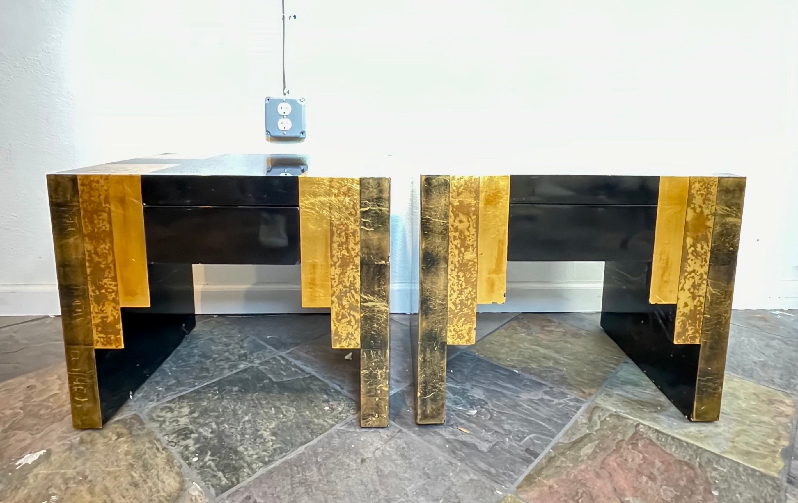 Pair of beautiful end tables by Phyllis Morris. Art Deco design. Single suede lined drawer. Powerful visual impact. 
Curbside to NYC/Philly $450