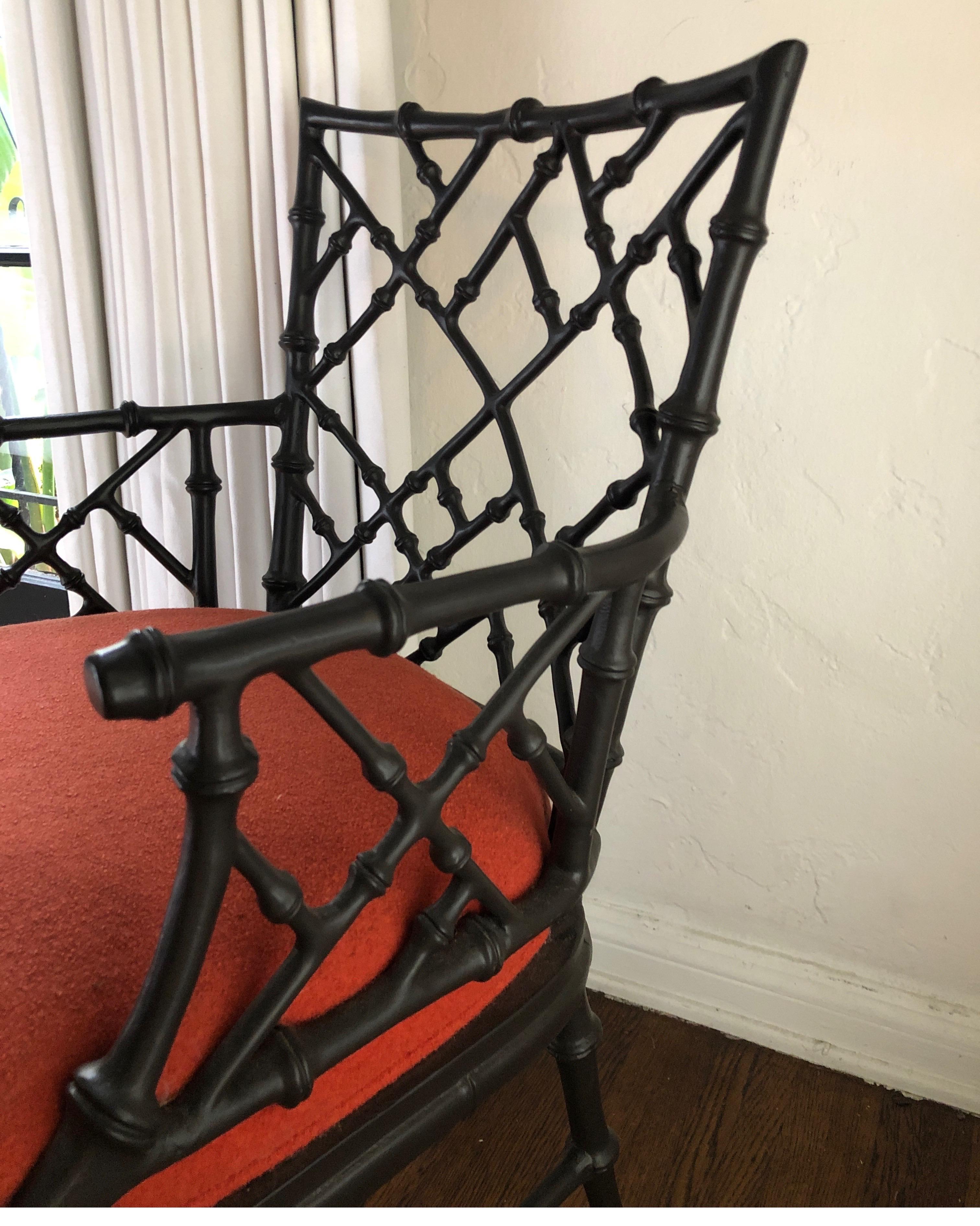 Phyllis Morris Faux Bamboo Ebony Iron Armchair on Casters In Good Condition For Sale In Los Angeles, CA