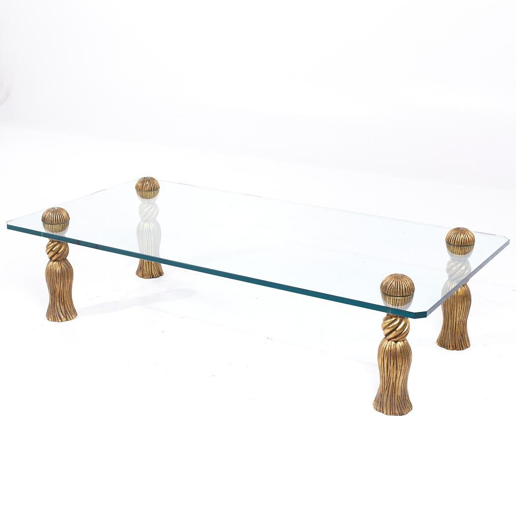 Phyllis Morris Mid Century Gilt Tassels and Glass Coffee Table For Sale 1